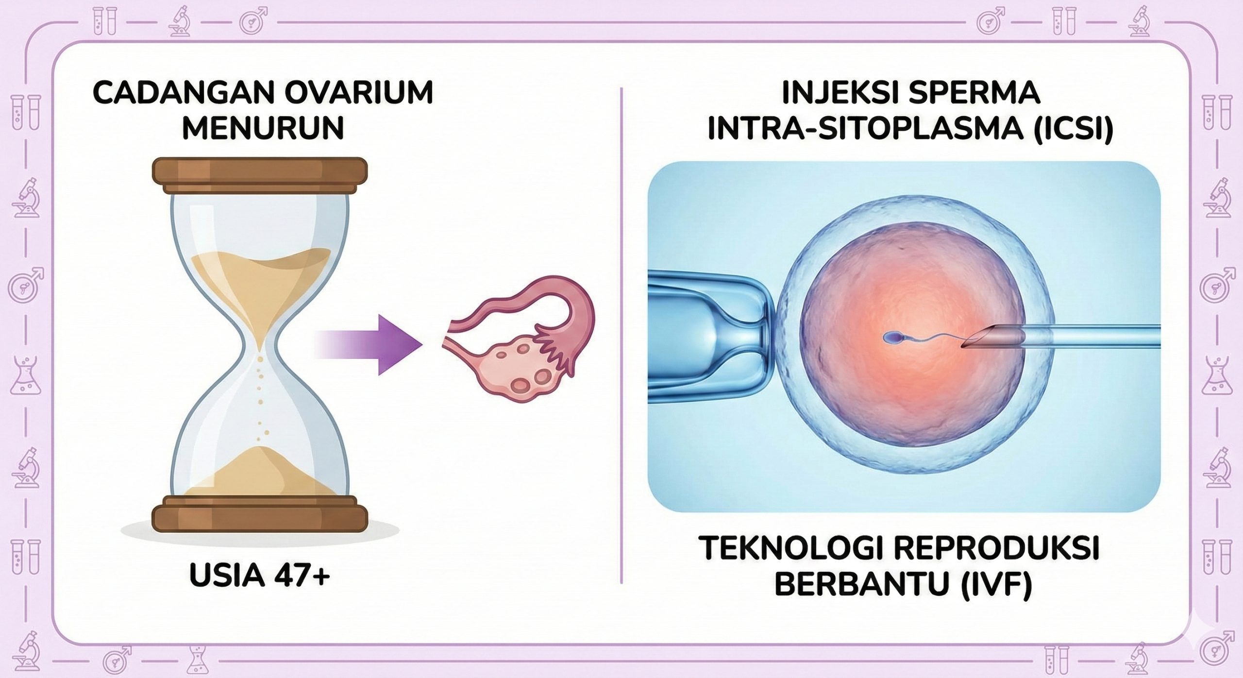 医学信息图风格的图片，直观展示高龄生育的生物学挑战与IVF技术。画面左侧是一个艺术化的生物钟或沙漏，沙粒即将流尽，象征47岁以上的卵巢储备下降；右侧则是高精度的显微注射（ICSI）场景，展示科技如何介入。背景洁白干净，配以淡紫色的医疗辅助线，清晰传达出'高龄产妇'面临的现实以及辅助生殖技术作为解决方案的核心功能。