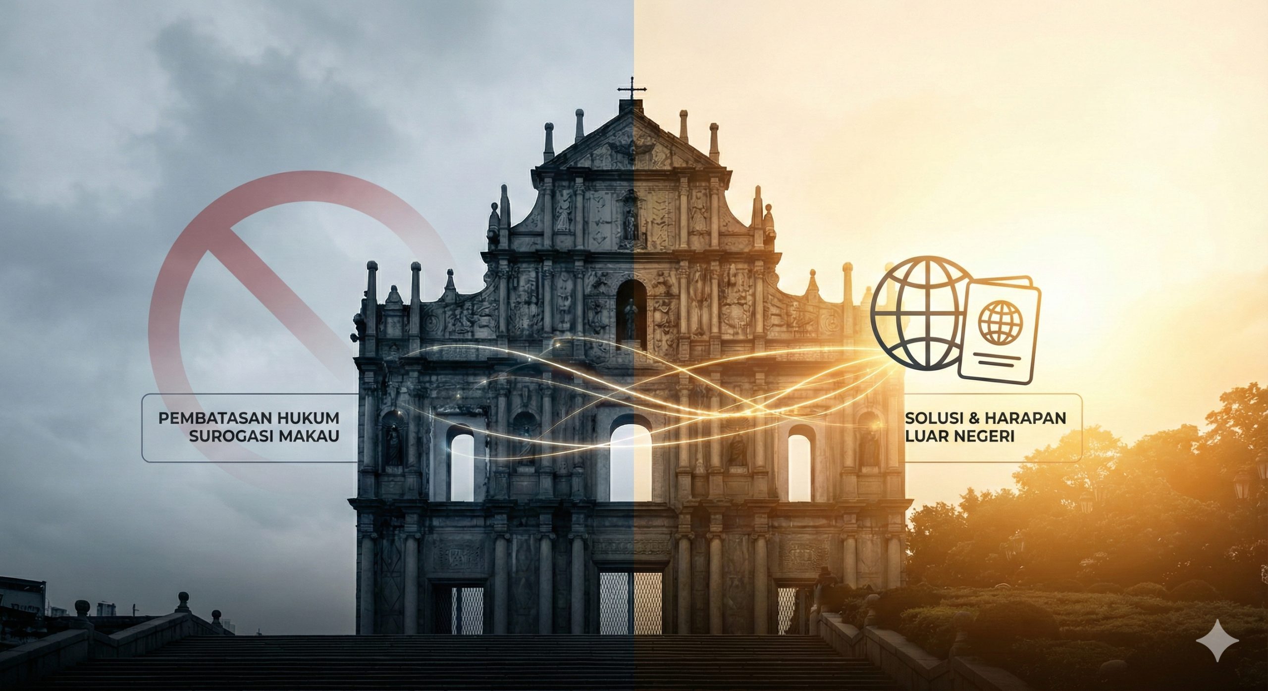 一张具有视觉冲击力的封面图片，画面采用分割构图。左侧展示澳门标志性建筑（如大三巴牌坊）的剪影，色调偏冷灰，叠加一个微妙的法律警示符号或红色禁止图标，象征澳门代孕的法律限制（第14/2023号法律）。右侧展示温暖明亮的美国或加拿大风景，或者一个象征希望的地球仪和护照，色调温暖充满阳光。中间使用现代感的连接线条，暗示寻求海外合法解决方案。整体风格专业、严肃但充满希望，符合surrogatepregnancy.com的品牌形象。