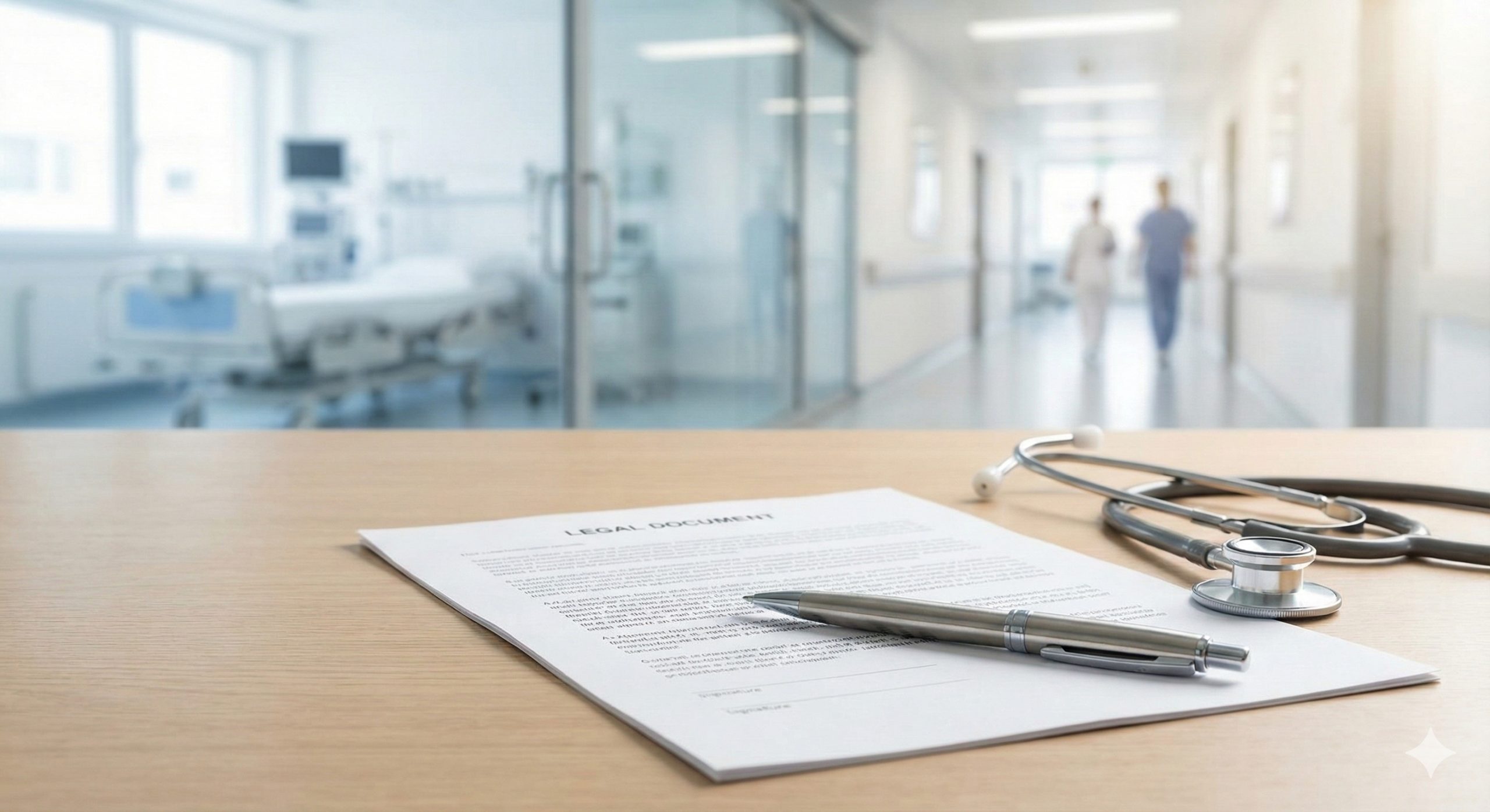 一张体现专业性与信任感的高质量摄影图片，焦点放在桌面上的一份法律合同文件和一支高档钢笔上，旁边放置着听诊器。画面风格严谨、干净，采用明亮的自然光照明，背景模糊处理，隐约可见现代化的医院走廊。这象征着文章中提到的‘现实检查’部分，强调合法代孕过程中的法律保障和医学安全性，与小说中的混乱剧情形成对比。