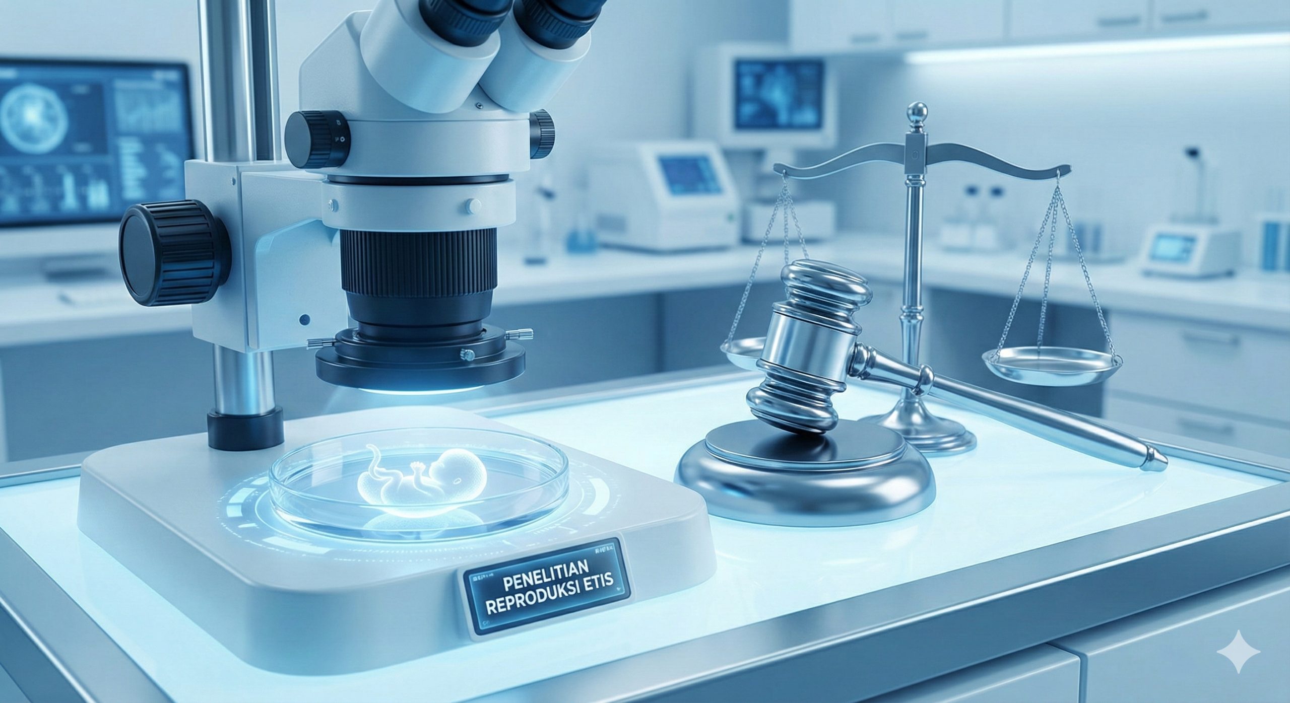 展示现代辅助生殖技术的特写镜头，画面中出现无菌实验室环境、显微镜或象征生命的胚胎光影，同时巧妙融入法槌或天平的元素，隐喻医学技术与法律伦理的交汇。风格现代、洁净、高科技感强，色彩以医疗蓝和纯白为主，突显柯文哲医生背景下的务实科学视角。