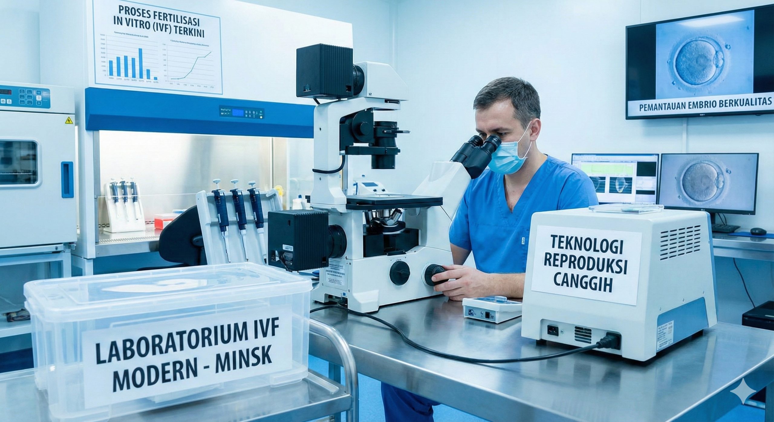 Embriolog profesional di laboratorium IVF klinik fertilitas Minsk dengan peralatan canggih