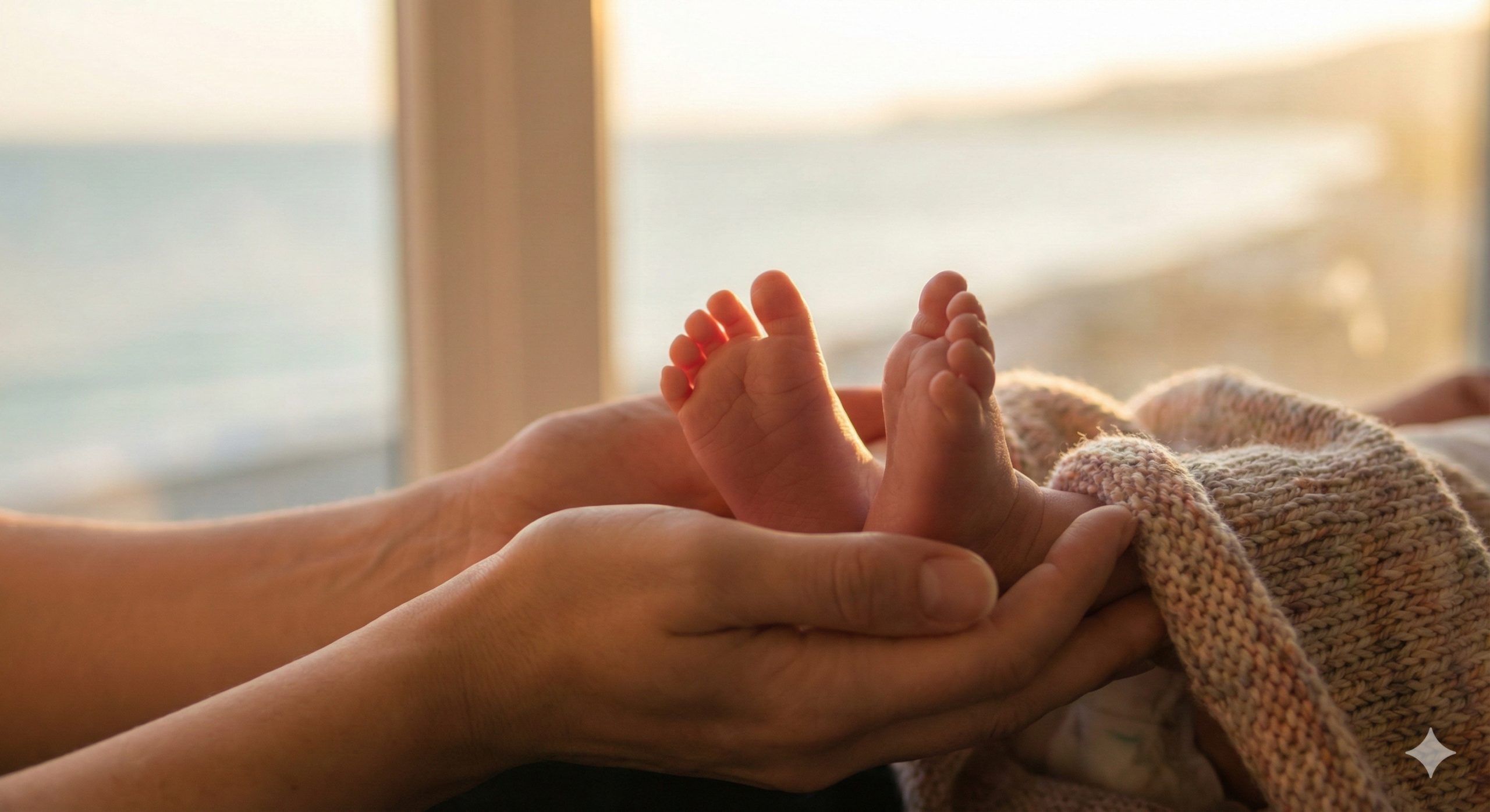 An emotional and heartwarming photography style image showing the successful result of the surrogacy journey. A pair of hands (parents) gently holding tiny newborn baby feet or a baby's hand. Soft, warm natural lighting (golden hour) creates a dreamy, hopeful atmosphere. In the soft-focus background, a window overlooks the sea, subtly nodding to Qingdao's coastal location. The image evokes feelings of love, family completion, and a new beginning, serving as a perfect conclusion to the article.