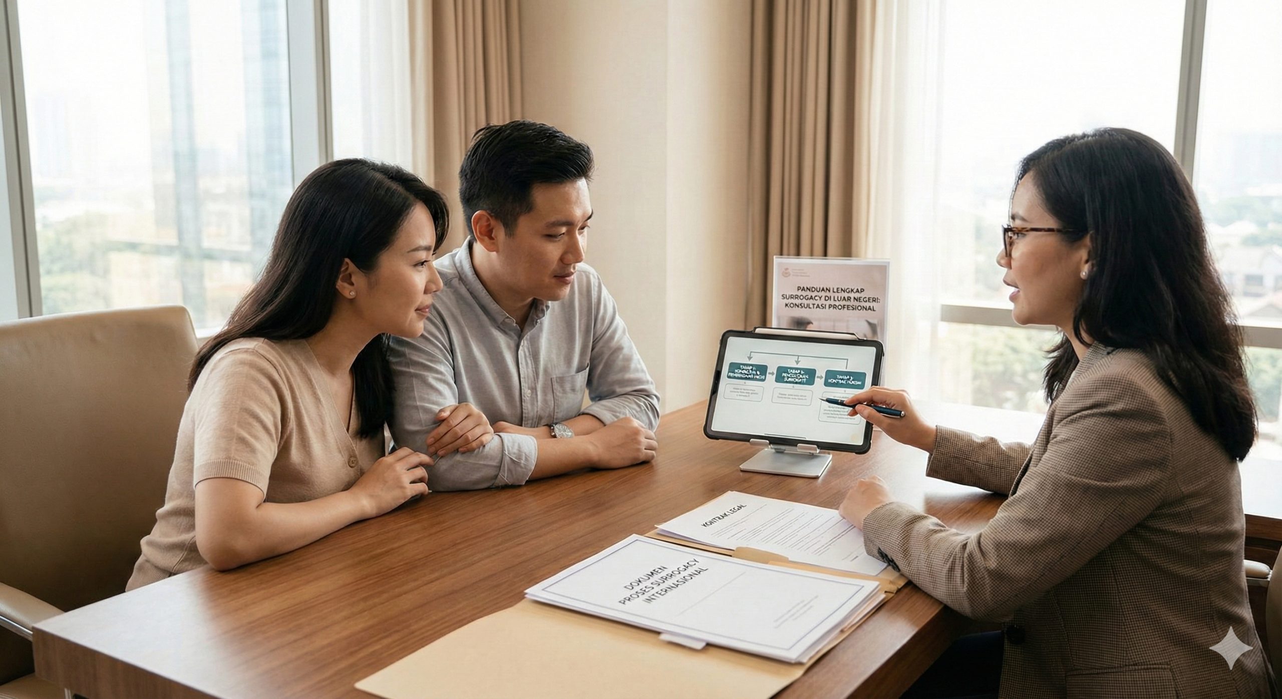 描绘一对焦虑但充满希望的亚洲夫妇在高端私人诊所内与专业医生或律师进行深入咨询的场景。桌面上整齐摆放着流程文件、法律合同以及展示代孕步骤图的平板电脑，象征文章中提到的“体检、匹配、法律签约”等关键环节。光线自然柔和，人物表情专注，营造出专业指导和值得信赖的氛围，帮助读者直观理解海外代孕的标准化操作流程。