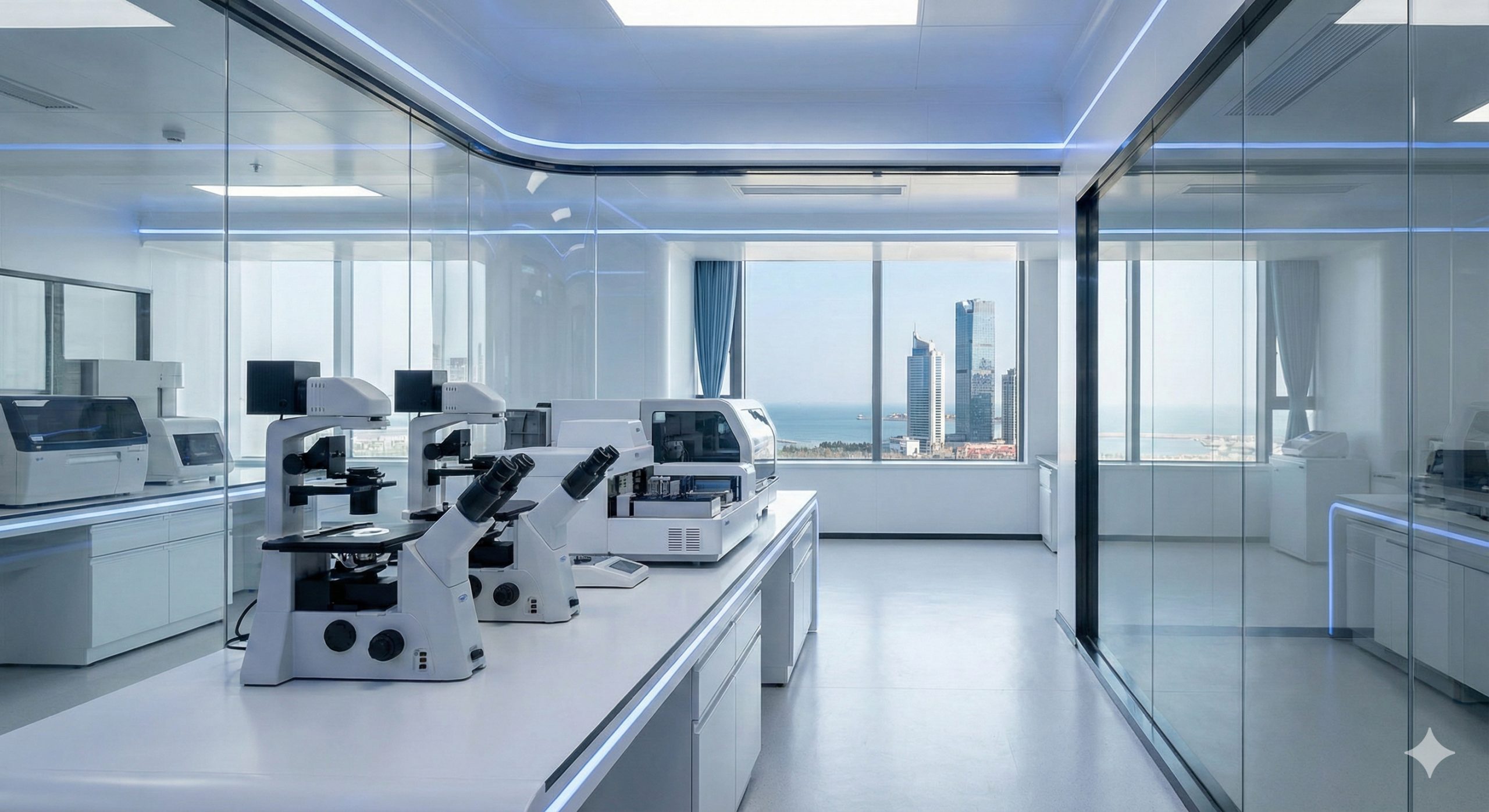 A cinematic wide shot of a state-of-the-art IVF laboratory in Qingdao, China. The interior features ultra-modern design with pristine white surfaces, glass partitions, and soft blue LED accent lighting to symbolize advanced technology. In the foreground, sophisticated microscopes and scientific equipment are neatly arranged. Through a large window in the background, a subtle view of the Qingdao coastal skyline suggests the location. The atmosphere is sterile, professional, and trustworthy, inspiring confidence in international medical tourism. 8k resolution, photorealistic style.