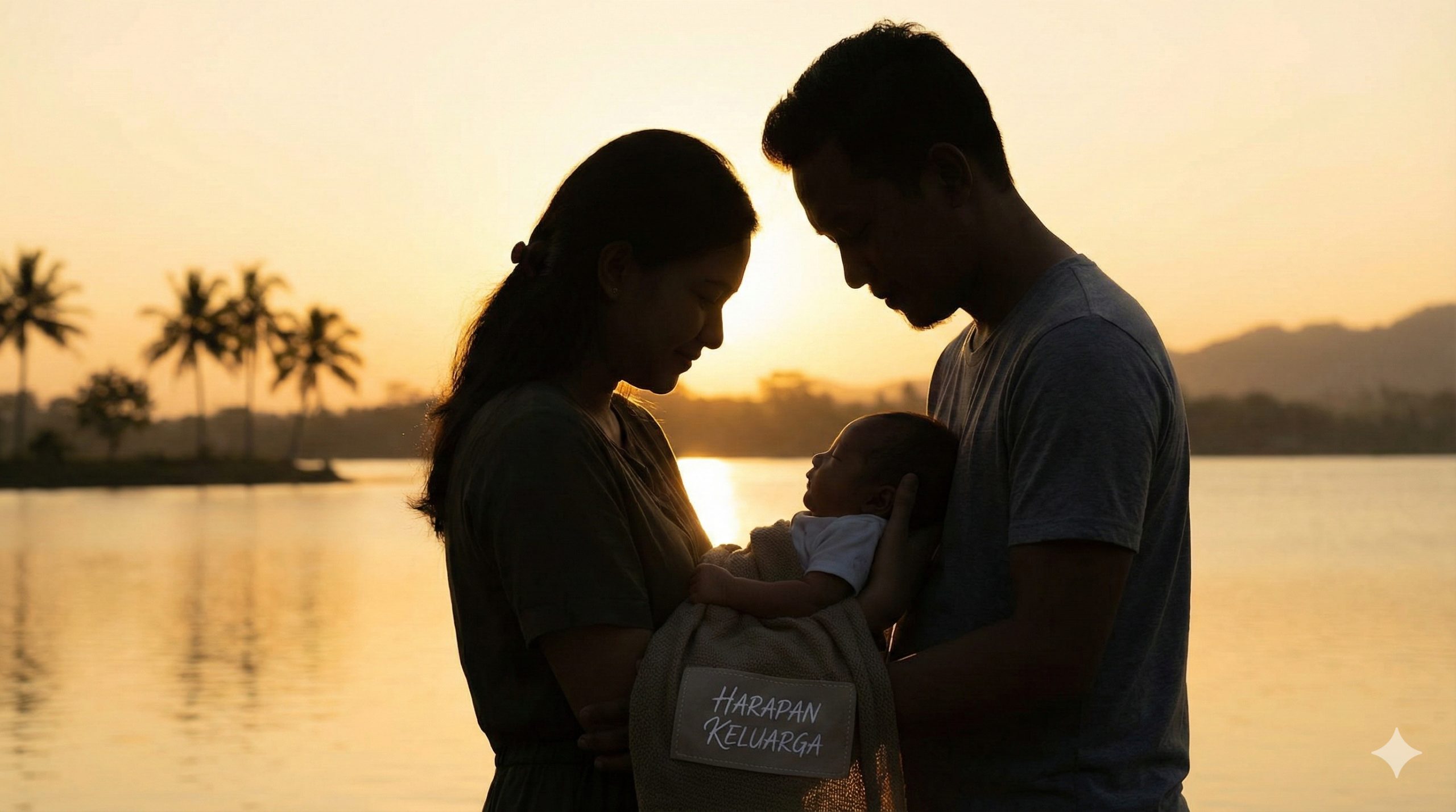 一张极具感染力和希望的总结性图片，展示了夕阳余晖下的一家三口剪影，父母深情地看着怀中的新生儿。光线是金色的暖调，逆光拍摄手法勾勒出人物边缘的轮廓光，营造出温馨、圆满的结局氛围。这张图片呼应了文章结尾，鼓励读者从虚构小说转向真实的成功案例，传递出爱、家庭圆满和新生命诞生的美好寓意。