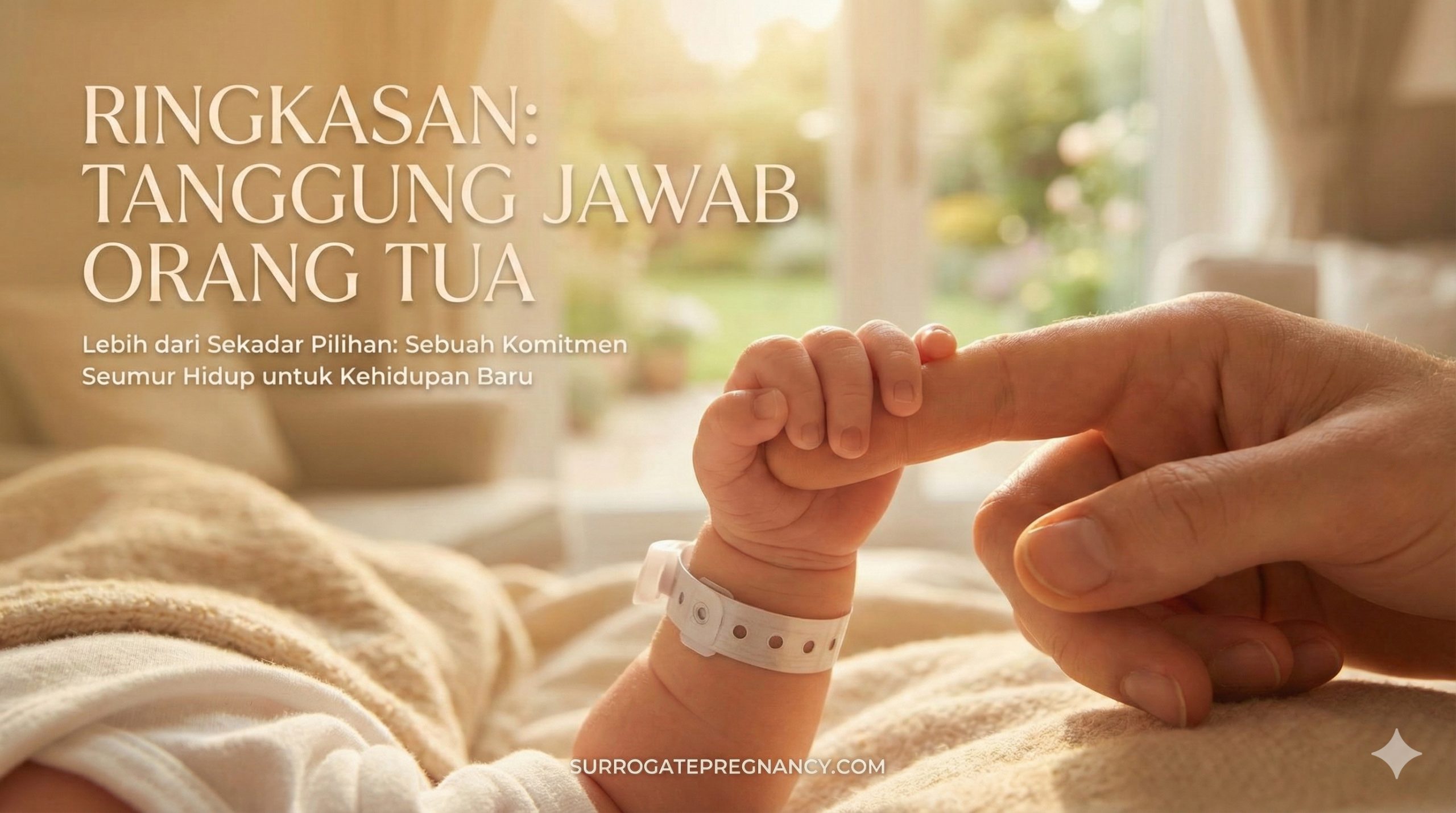 充满希望与温情的总结图片。画面特写一只新生儿的小手紧紧握住成人的手指,背景是模糊的温暖晨光或舒适的家庭环境。色调采用暖金色,象征着爱、责任与新生命的希望。这张图片旨在传达文章结尾的核心思想:代孕不仅是生育手段,更是对生命的庄重承诺与责任,给予读者正面的情感引导。