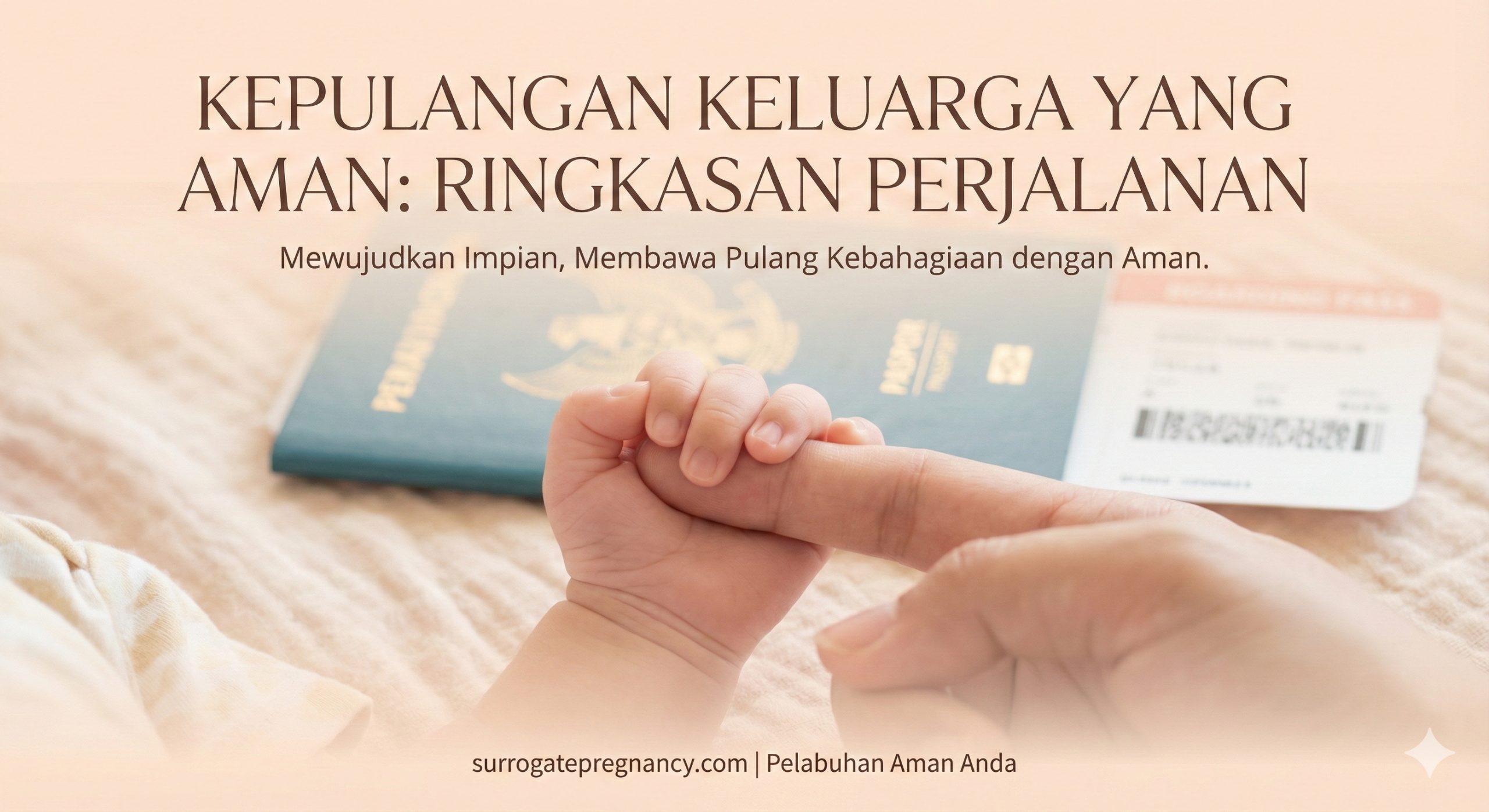 一张宁静而感人的总结性图片。特写镜头展示了婴儿的小手紧紧握着大人的手指,背景虚化处理,隐约可见一本护照或旅行证件,象征着宝宝顺利获得身份并安全归国。色调采用柔和的粉彩或暖色,传递出安全、圆满和安心的情绪。构图聚焦于情感连接,旨在消除用户的顾虑,强化surrogatepregnancy.com作为安全港湾的品牌形象。
