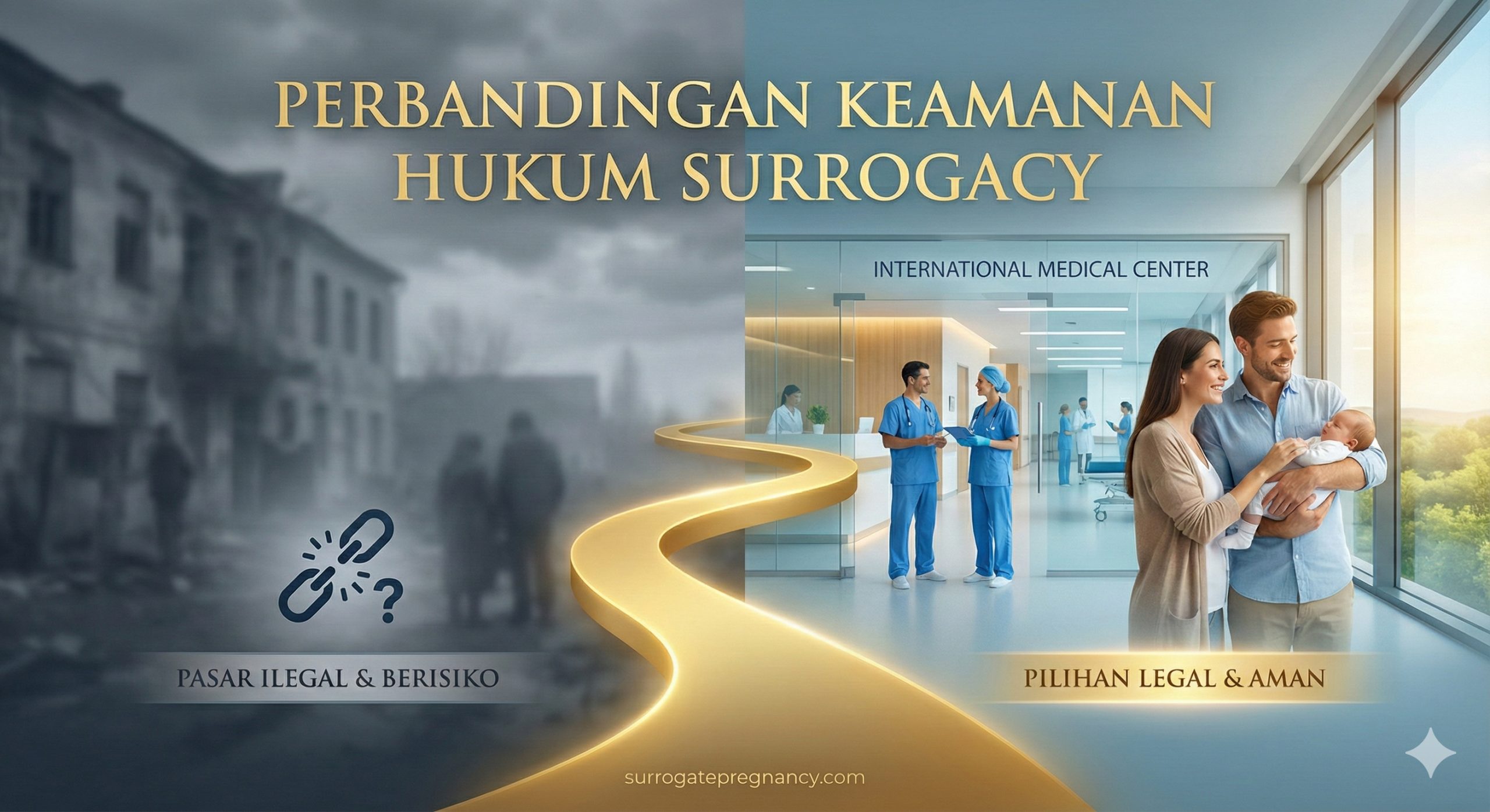 一张具有强烈对比感的封面图片。画面左侧用灰暗、模糊的色调描绘山东当地非法市场的隐患，暗示不确定性和风险；画面右侧则是明亮、清晰的现代国际医疗中心场景，象征海外合法代孕的安全与希望。中间用一条发光的金色路径连接，指向右侧，寓意'正确的选择'。整体风格专业、可信，色调以深蓝和暖金为主，突显法律保护与高端医疗的主题。