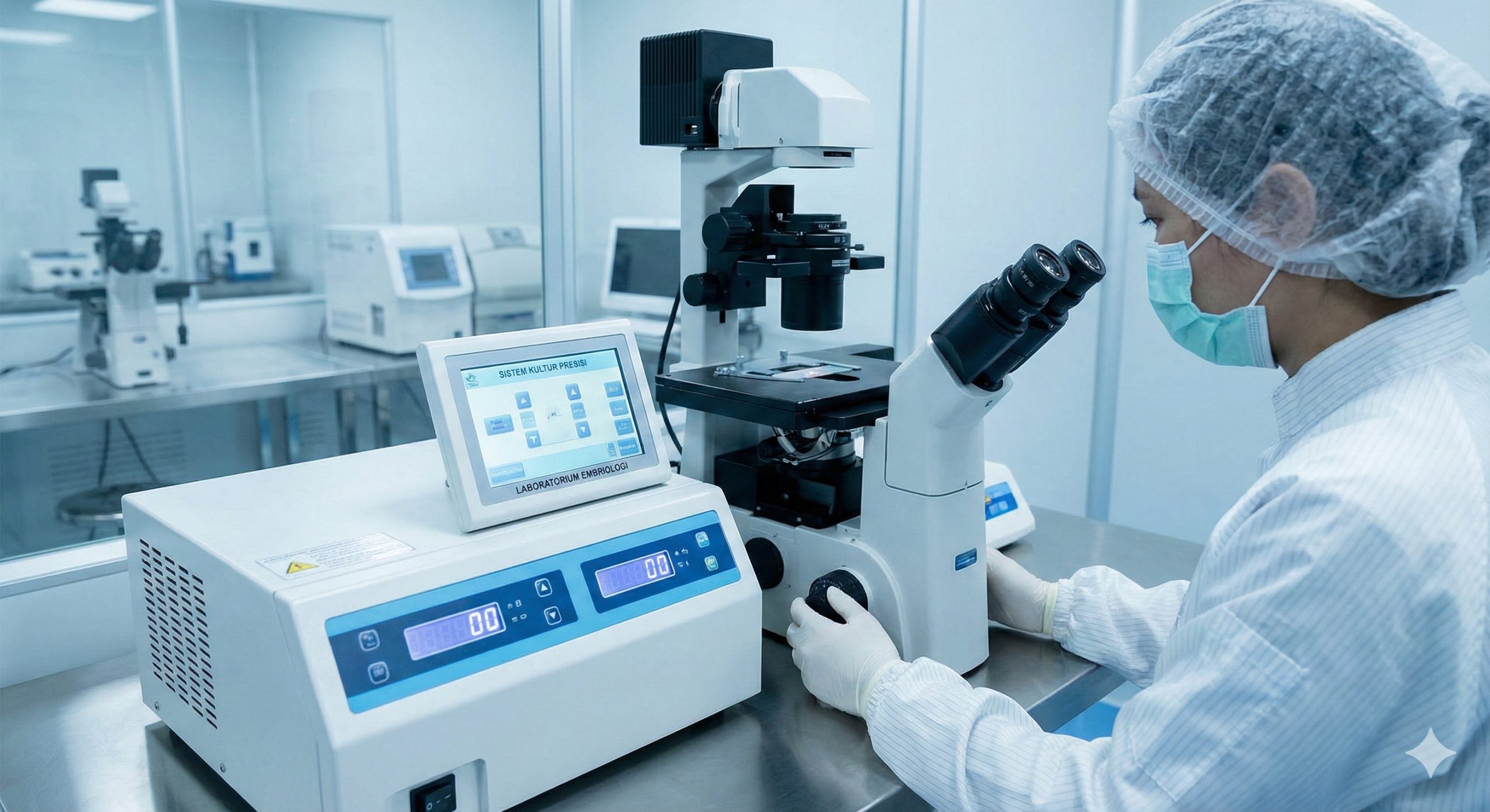 展示世界级IVF实验室的高科技特写图片。画面聚焦于精密显微镜和胚胎培养设备，背景是干净整洁的无菌环境，操作人员身穿专业防护服。光线采用冷白和科技蓝，强调卫生、精准和先进技术，以此对比文章中提到的山东地下诊所的简陋环境。构图严谨，景深适中，突出医疗设备的细节质感。