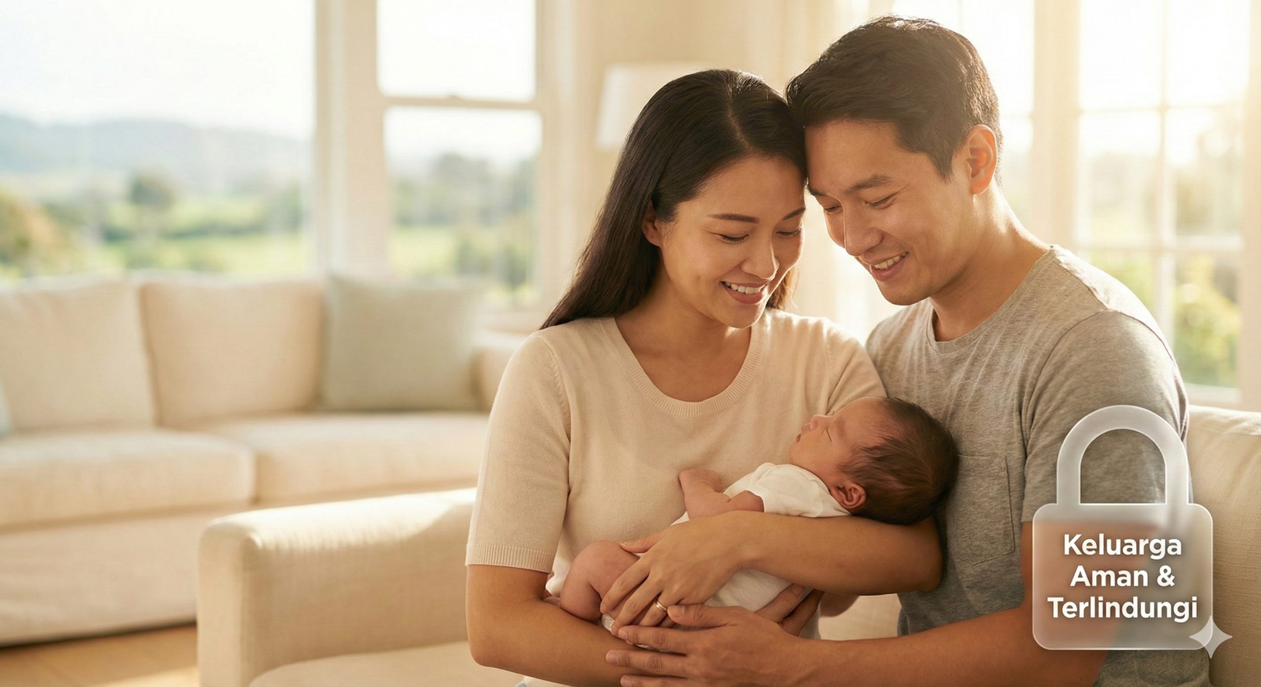 一张充满温情和希望的总结性图片。画面展示一对亚洲面孔的夫妇在阳光明媚的房间里，幸福地抱着刚出生的宝宝，脸上洋溢着安心的笑容。背景模糊处理，隐约可见舒适的家庭环境或海外风景。图片右下角叠加一个半透明的安全锁图标或'Safe Family'字样。整体色调温暖、自然，强调最终圆满、合法的结局，激发用户的共鸣。