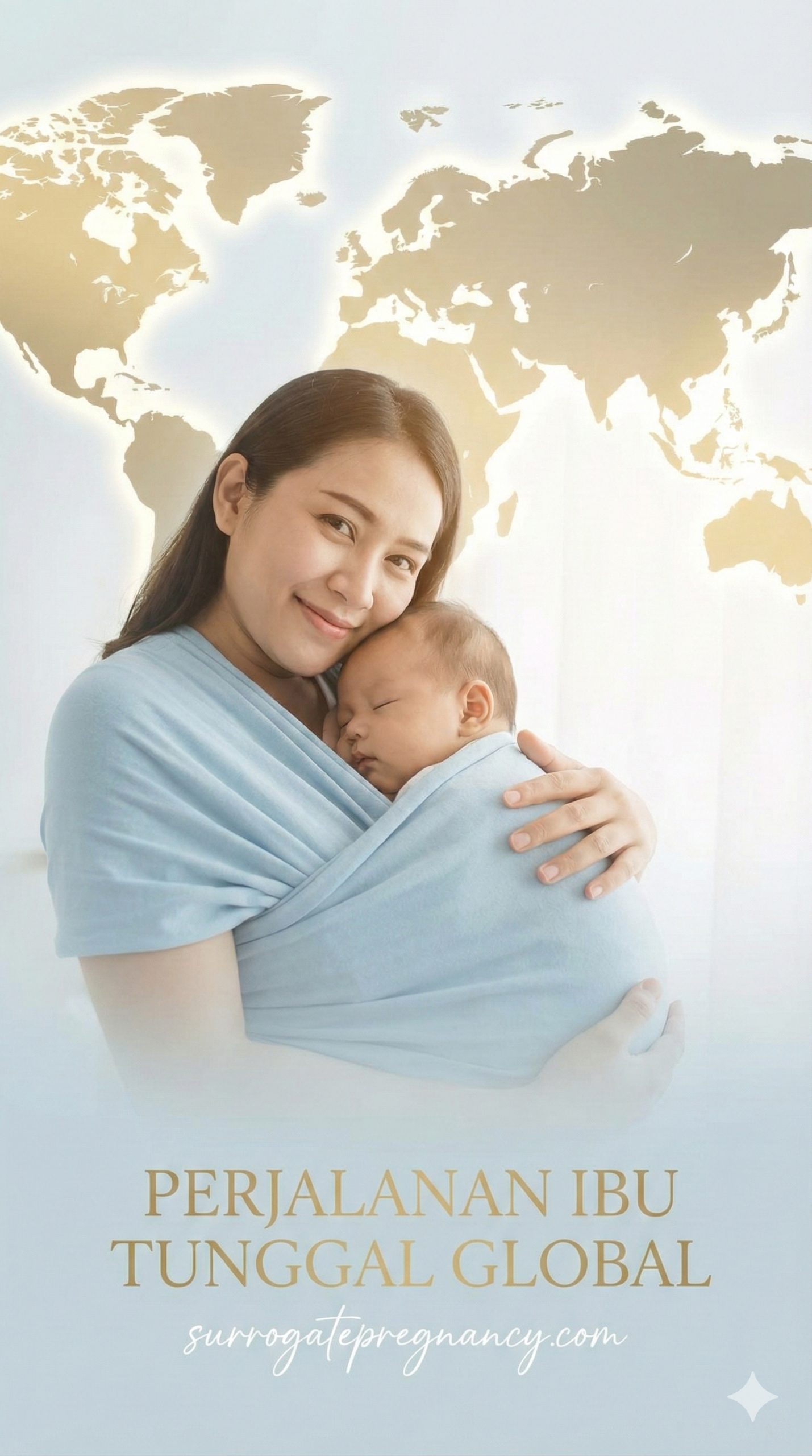 Desain minimalis dan hangat. Fokus pada satu orang tua (pria atau wanita) yang memegang bayi dengan latar belakang peta dunia yang kabur dan bersinar. Palet warna didominasi oleh biru muda, putih, dan emas yang melambangkan harapan dan perjalanan global. Orang tua tunggal tersebut terlihat bahagia, menatap lembut bayinya. Sudut pandang mata burung (high angle shot) untuk memberikan kesan luas dan cakupan internasional, menyoroti aspek 'lintas batas' dalam judul. Ilustrasi harus modern dan profesional, tidak bergaya kartun.
