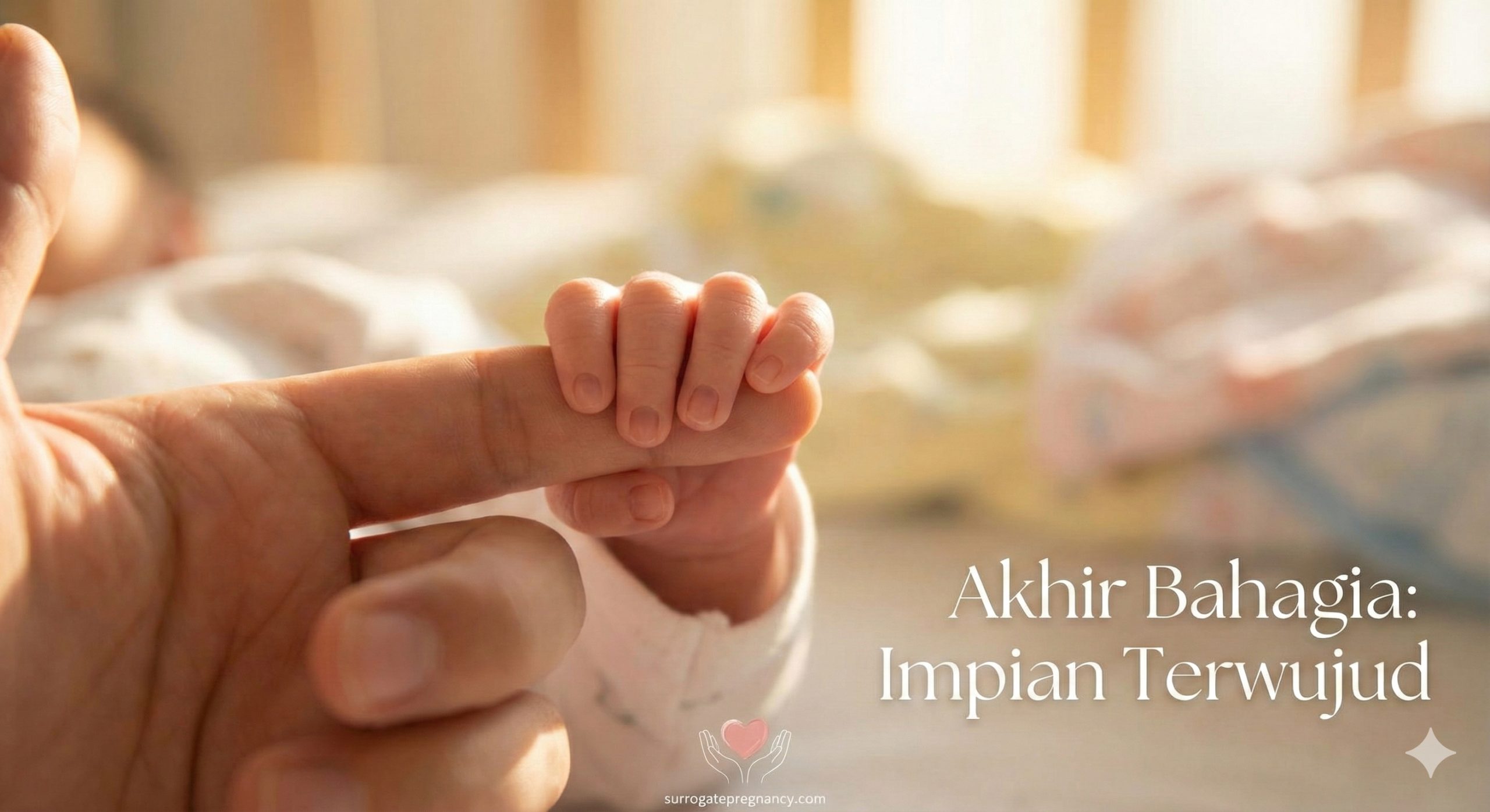 An emotional and heartwarming close-up shot of a newborn baby's tiny hand holding an adult's finger, symbolizing the successful conclusion of the surrogacy journey. The lighting is soft, natural, and dreamy (golden hour), focusing on the intimate connection. The background is heavily blurred to eliminate distractions. This image evokes strong positive emotions of joy, relief, and the realization of a dream, serving as a powerful visual anchor for the final Call to Action.