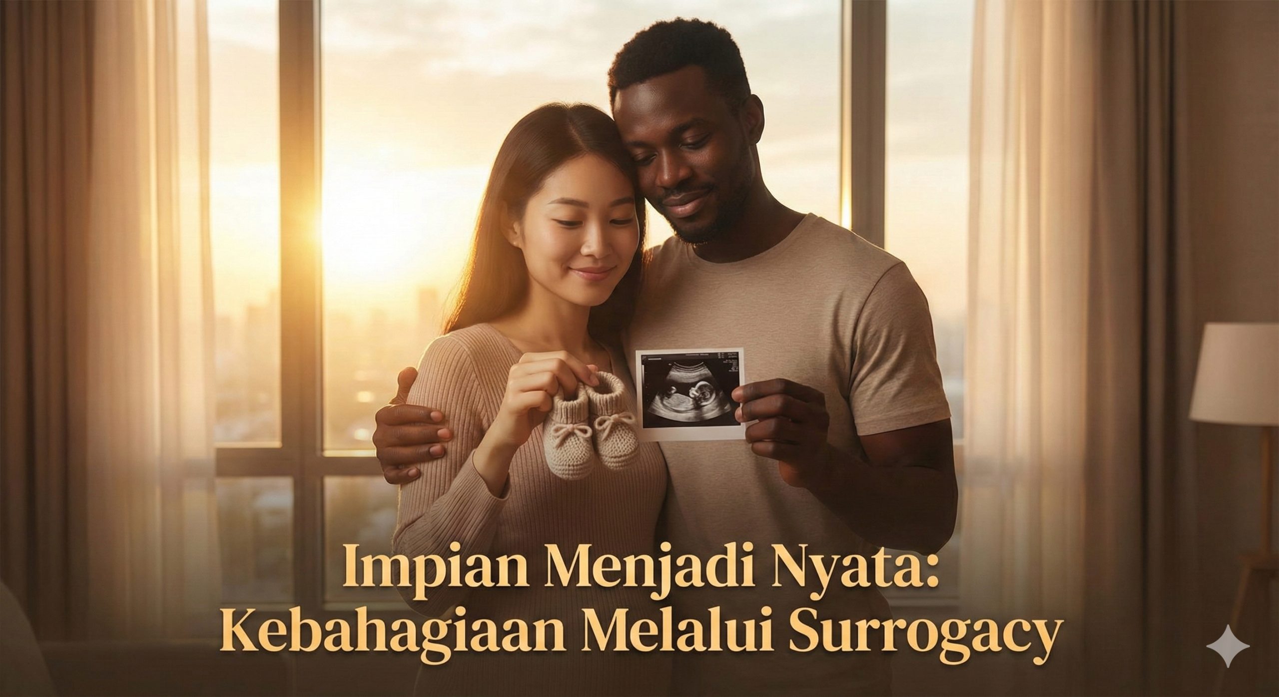 一张充满情感张力和希望的总结性图片。画面展示一对不同肤色的夫妇（代表国际代孕客户）站在明亮的落地窗前，逆光拍摄，窗外是温暖的日出景象。他们手中小心翼翼地捧着一双婴儿的小鞋子或一张超声波照片，脸上洋溢着真实的喜悦和宁静，而非电影中的戏剧性焦虑。光线柔和梦幻，采用暖黄色调，营造出'梦想成真'的氛围，鼓励读者走出电影的恐惧，迈向真实的求子旅程。
