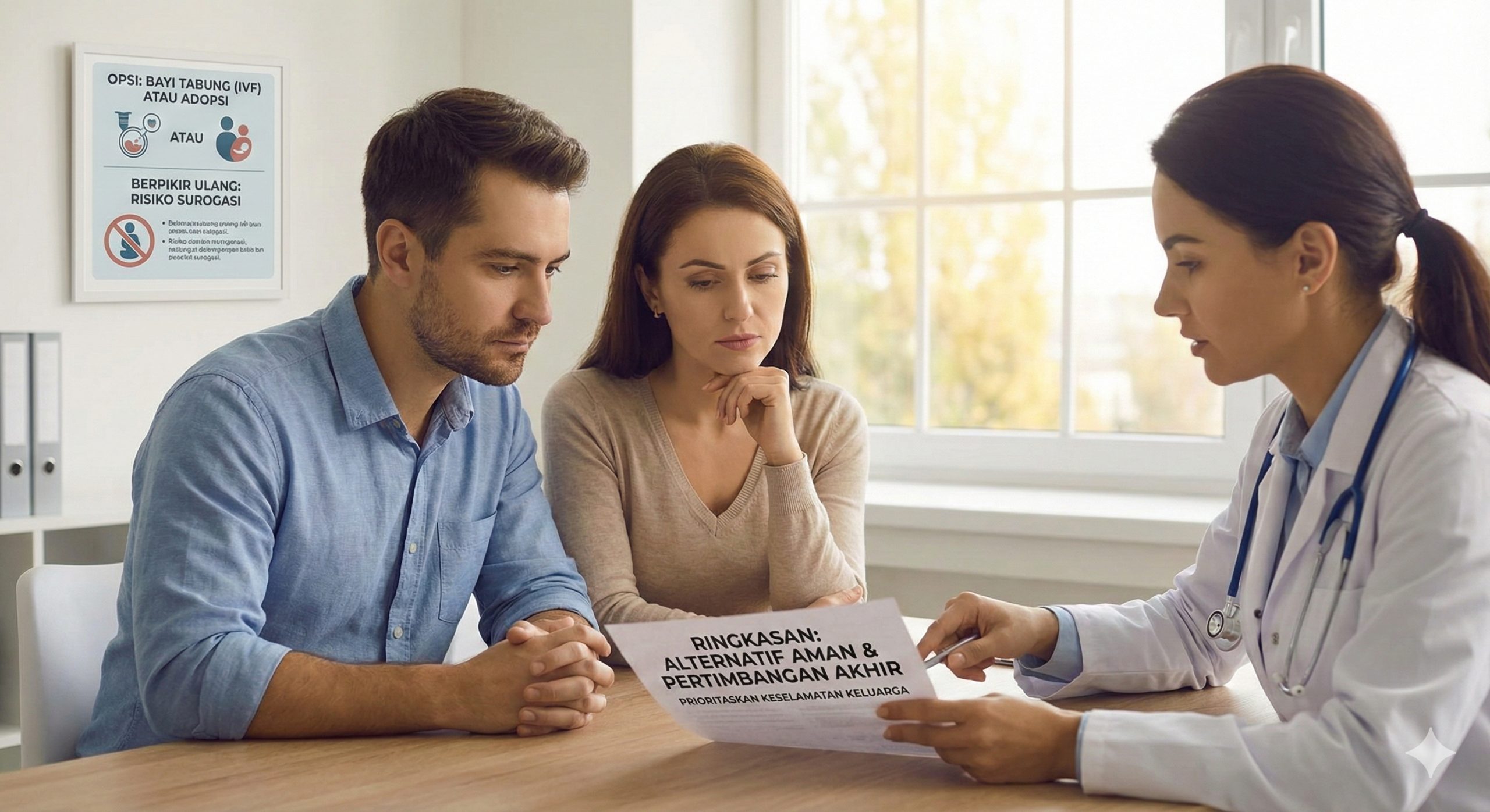 A thoughtful and constructive summary image showing a couple consulting with a medical professional in a modern office. They look serious and are deep in discussion, reviewing a document that suggests safer alternatives like IVF or adoption. The atmosphere is supportive but realistic, representing the conclusion's advice to 'think again' and prioritize safety. The lighting is clear and warm, symbolizing the clarity of making an informed decision for the family's future.