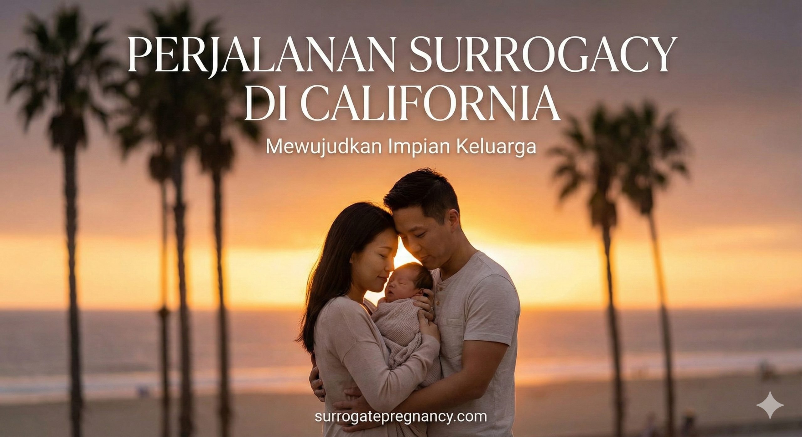一张充满温情与希望的封面图,展示一对亚洲面孔的夫妇在加州标志性的日落景色中温柔地怀抱新生儿。背景中模糊处理的高大棕榈树和金色的阳光营造出加州特有的温暖氛围。光线柔和而神圣,象征着家庭梦想的实现。构图中心突出父母与孩子的亲密互动,留白处适合放置标题,整体风格专业、高端且充满情感色彩,符合surrogatepregnancy.com的品牌形象。