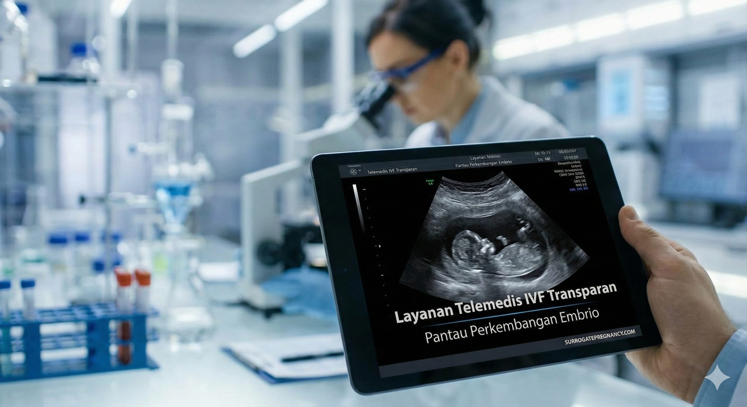 体现世界级IVF技术与远程医疗流程的图片。背景是一个现代化的、高科技感的加州生殖医学实验室,虚化的科学家正在操作显微镜。前景清晰地展示一只手拿着平板电脑或智能手机,屏幕上显示着清晰的超声波扫描图像或与医生的视频连线画面。这种构图象征着连接印度尼西亚与加州的桥梁,强调即使身在远方也能实时掌握医疗进程,传递科技领先与透明安心的信息。