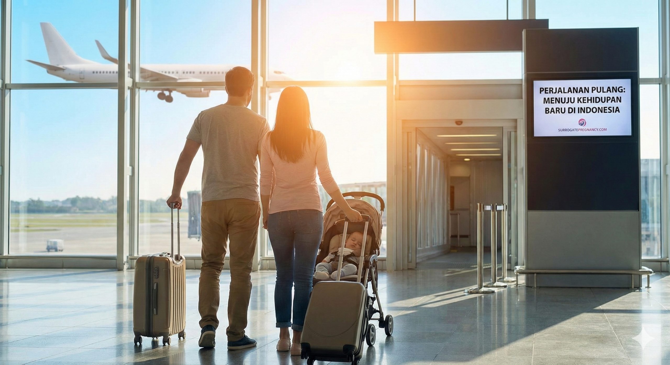 总结整篇文章的情感升华图片,描绘家庭圆满归国的场景。在现代化的国际机场候机楼内,一家人推着婴儿车和行李箱背对镜头走向登机口,窗外可以看到飞机和蓝天。光线充满希望和启程的意味,象征着代孕旅程的圆满结束以及带宝宝回印度尼西亚新生活的开始。画面温馨、安宁,给读者留下成功的心理暗示和对未来的美好憧憬。