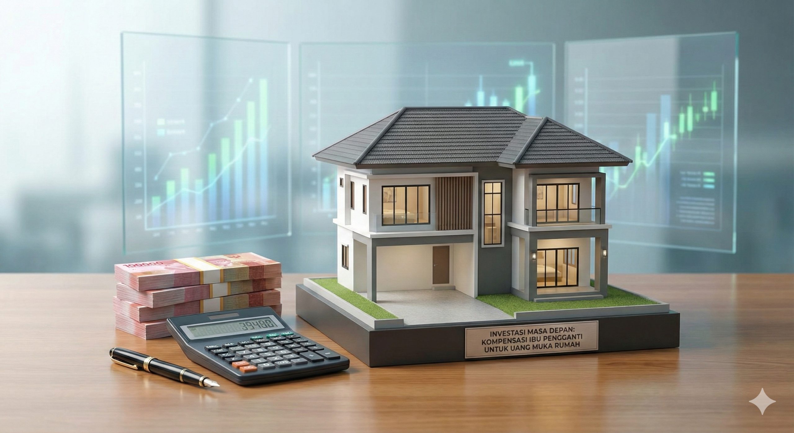 一张专业的金融概念图,用于展示代孕补偿金与购房首付的关系。画面中心是一个精致的房屋模型,旁边整齐地码放着一叠印尼盾或美元现金,以及一个计算器和一支钢笔。背景是模糊的财务图表,强调理性的财务规划和高额回报。光线明亮清晰,风格商务且客观。