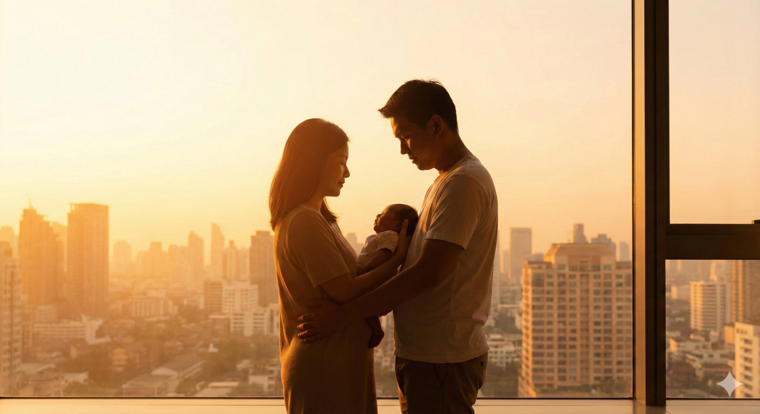 一张充满情感的逆光剪影风格照片，展示一对亚洲面孔的夫妇紧紧依偎，怀中抱着新生儿，站在落地窗前，窗外是充满希望的温暖晨光。画面传达出漫长旅程终点的圆满与宁静，以及不再受法律困扰的释然感。光影效果柔和梦幻，色彩以暖橙色和琥珀色为主，旨在总结文章核心：通过合法的国际途径最终实现家庭圆满的梦想。