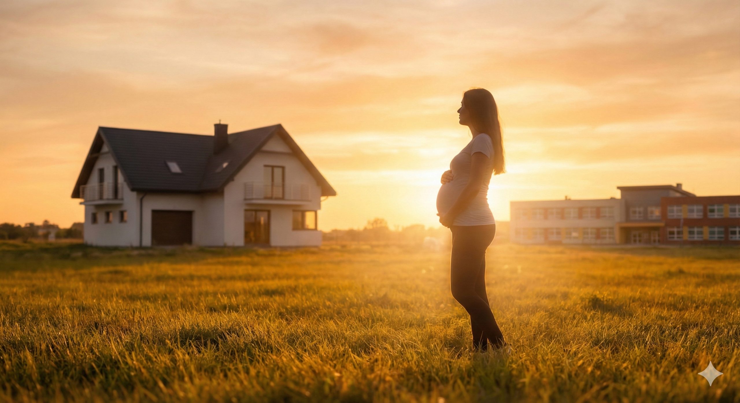 一张充满温情与希望的高清摄影图片。画面展示了一位孕妇的剪影,她正站在阳光明媚的草坪上,眺望远方一栋现代化的漂亮的学区房和旁边的学校建筑。光线采用温暖的金色调,象征着母亲为了孩子教育未来的美好愿景。构图平衡,将孕妇的牺牲与家庭未来的目标联系在一起,氛围庄重而充满母爱。