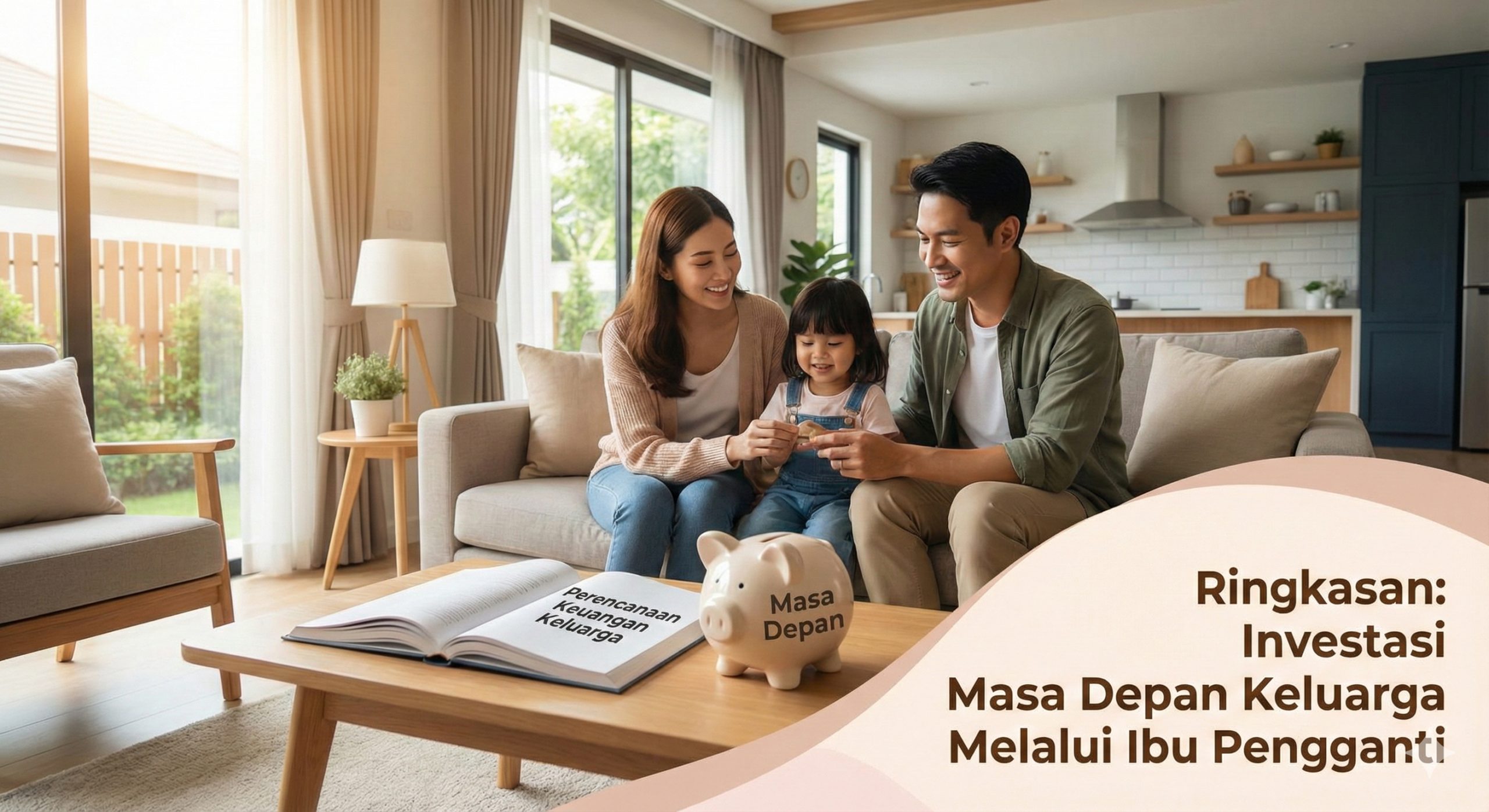 一张展现家庭幸福和财务自由的总结性图片。画面是一个温馨的家庭在新房子的客厅里,阳光透过窗户洒进来。桌上放着一本关于家庭理财规划的书和一个存钱罐。整体氛围轻松、舒适,象征着通过明智的代孕决策实现了家庭居住环境的改善和经济压力的释放。