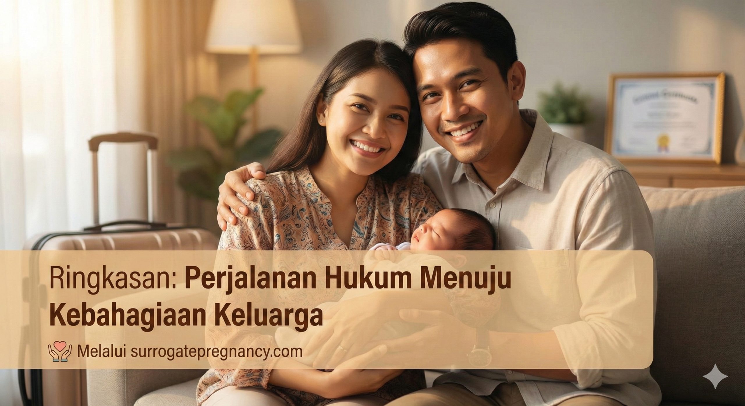 Potret keluarga bahagia pasangan Indonesia menggendong bayi baru lahir di bandara atau rumah, menyimbolkan keberhasilan perjalanan surrogasi legal dan penyatuan keluarga.