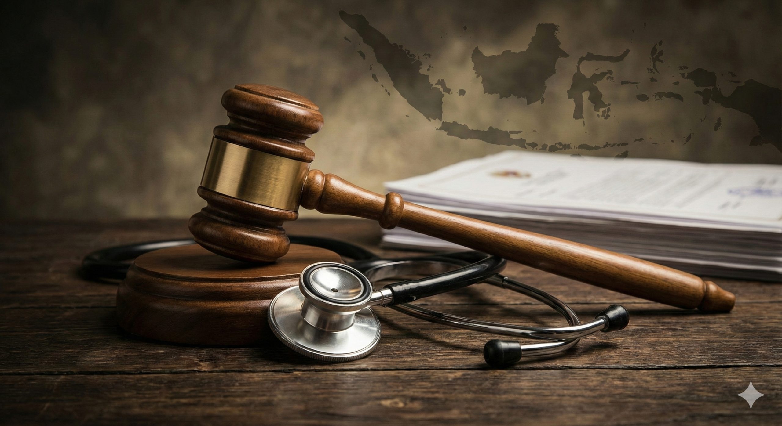 展示一张极具张力的概念摄影图，画面中心是一把木质法槌和一个医用听诊器巧妙地交织在一起，放置在深色木纹桌面上。背景隐约可见模糊的法律文书堆叠或印度尼西亚地图轮廓。光线采用侧光，营造出严肃、专业且略带紧张感的氛围，象征着医学需求与法律限制之间的冲突与平衡。色彩以深褐色、金色和金属银色为主，风格写实，高清晰度，适合作为探讨法律话题的文章封面。