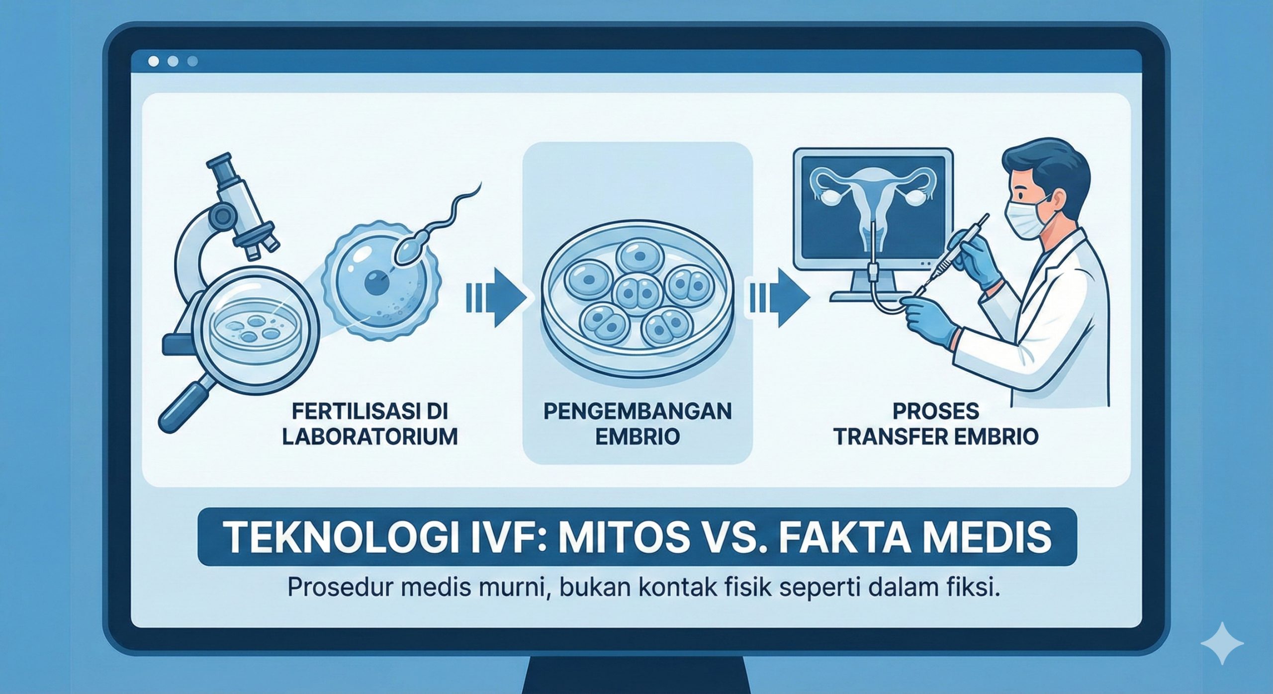 一张科技感与专业感并存的医学插图,旨在通过视觉打破‘发生性关系’的迷思。画面中心展示IVF(试管婴儿)的微观流程:显微镜下的卵子受精、培养皿中的胚胎发育,以及由医生操作的精密移植过程。设计风格简洁、线条流畅,采用代表信任和卫生的科技蓝与白色为主色调,直观地告诉读者代孕是纯粹的医学操作,与小说中的‘身体交易’截然不同。