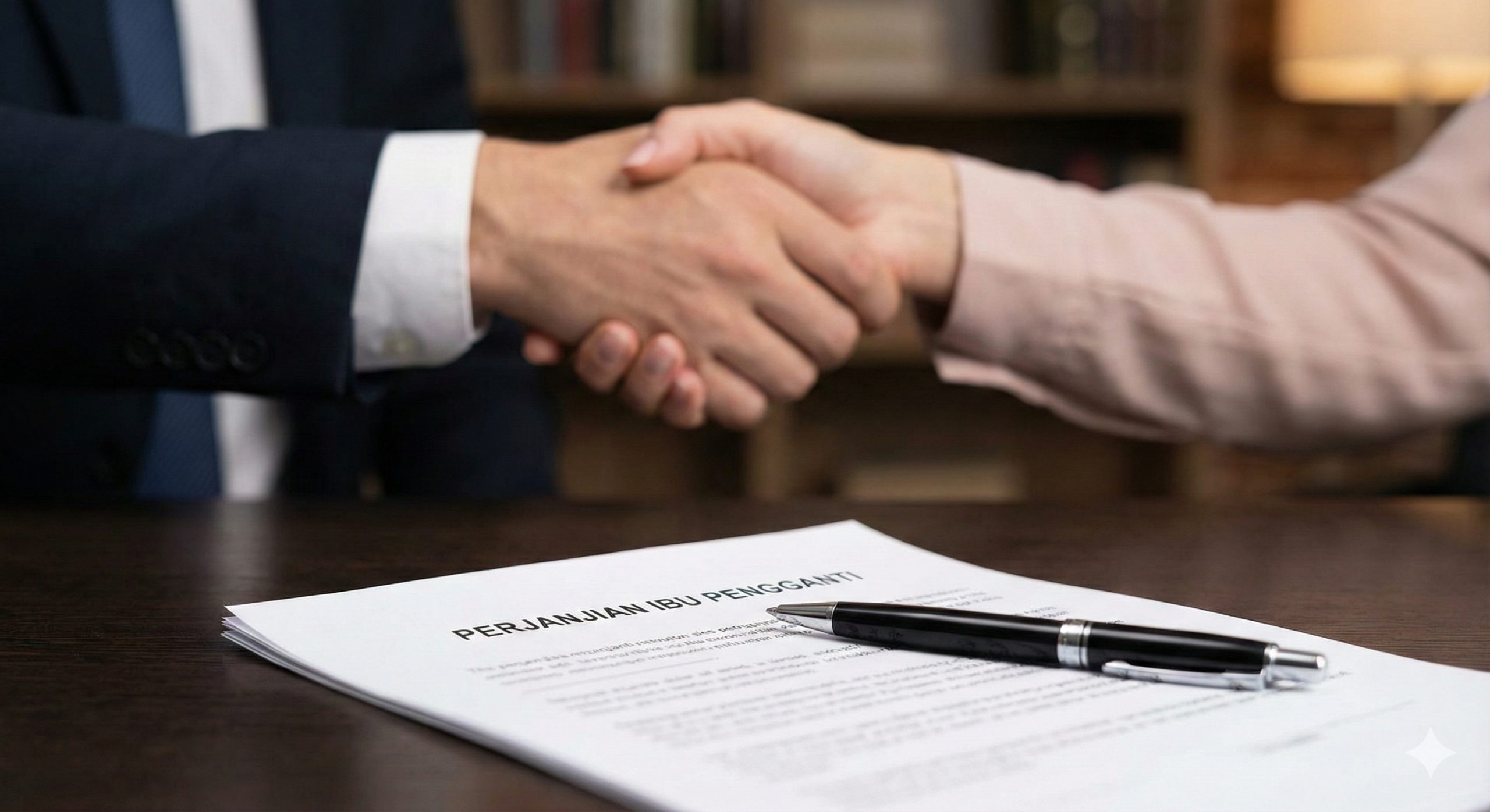 一张强调法律保障和专业契约精神的图片。画面前景是一份清晰的法律合同文件,标题可见‘Surrogacy Agreement’(代孕协议),旁边放着一支钢笔。背景是一次专业的握手动作(虚化处理),象征准父母与代孕母亲之间基于尊重的合作关系。这与小说中‘逃跑’或‘抢孩子’的混乱情节形成对比,展现现实中法律的稳固与安全,色调稳重。