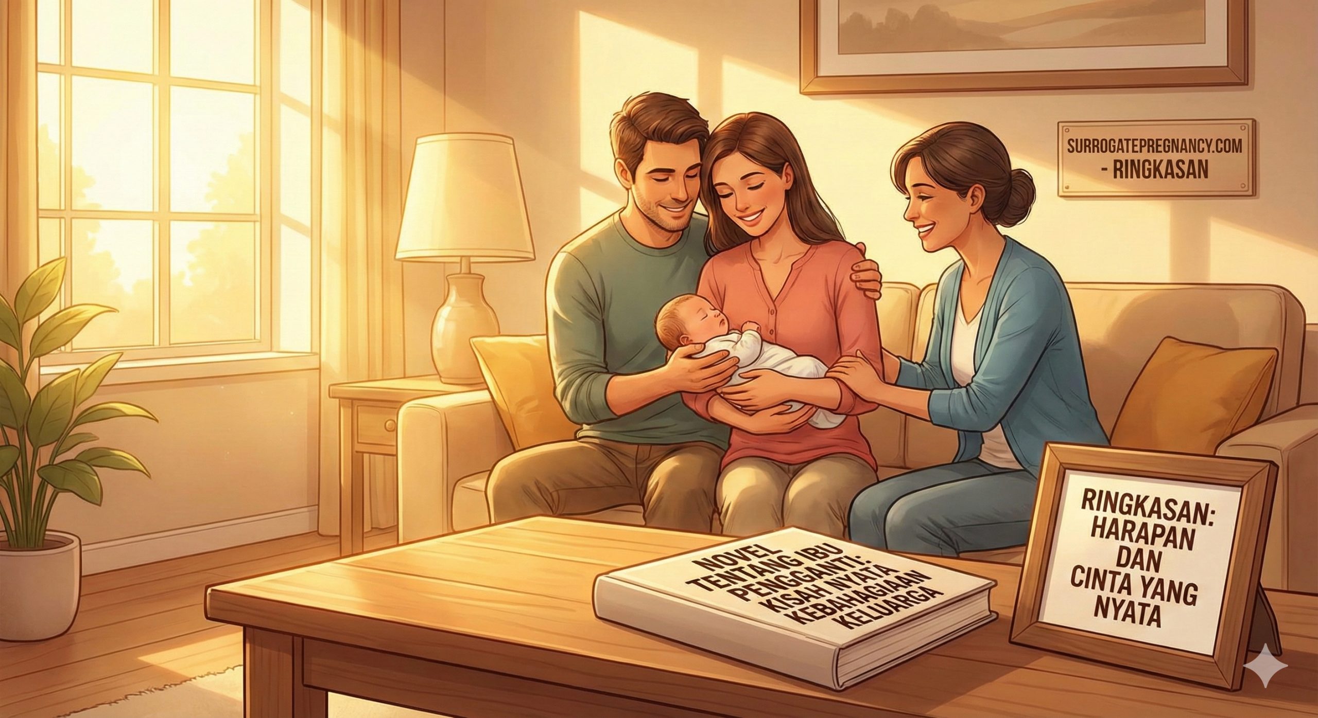 温馨感人的现实生活场景。画面展示一对幸福的准父母怀抱着刚出生的婴儿,旁边站着一位面带微笑、充满支持感的女性(象征代孕母亲),大家保持着适当且友好的社交距离。光线采用柔和的金色阳光,背景是舒适的家庭客厅或医院休息室。画面传递出希望、人性光辉和现实中的圆满结局,区别于小说中的狗血剧情,充满正能量。