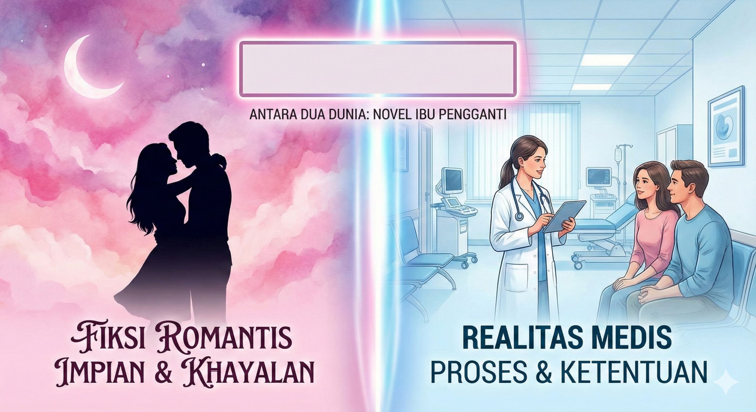 一张具有强烈视觉对比的封面图。画面被一分为二,左侧展示典型的代孕言情小说封面风格,绘有浪漫的剪影和粉色梦幻氛围,代表虚构的文学作品;右侧则是明亮、专业的现代医疗诊所场景,医生穿着白大褂手持病历,代表严谨的医学现实。中间有一条光束将两者隔开,标题文字区域留白,整体色调融合了梦幻粉与专业蓝,突出现实与虚构的碰撞。