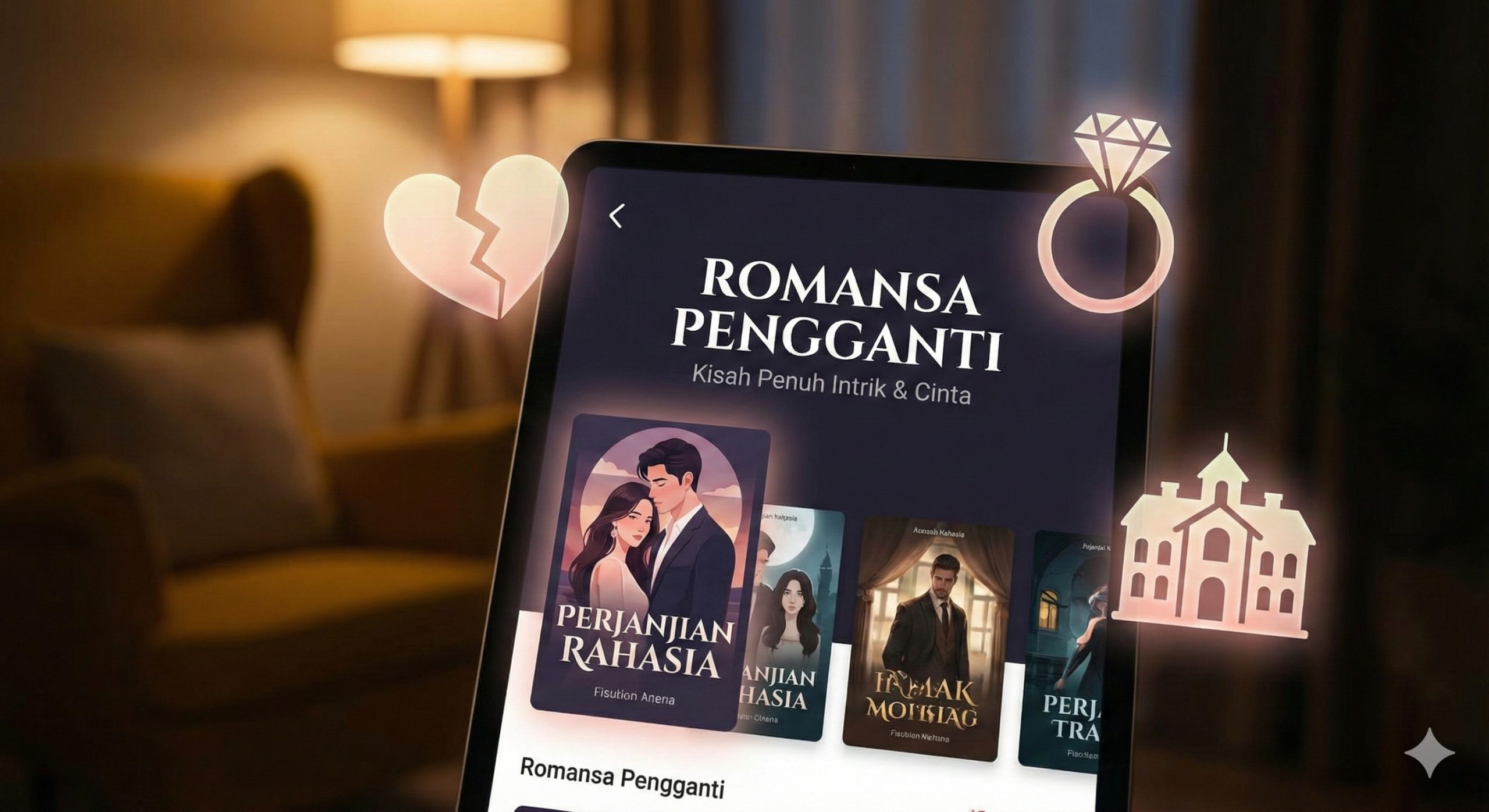 特写镜头展示一个在昏暗房间中发光的平板电脑或手机屏幕,屏幕上显示着流行的在线小说阅读APP界面(如Wattpad风格)。设备周围漂浮着象征小说情节的虚构图标,如破碎的心、巨大的钻戒和豪宅剪影,营造出戏剧化和情绪化的氛围。背景模糊处理,强调沉浸在代孕小说虚构世界中的阅读体验,色调偏暖且带有神秘感。