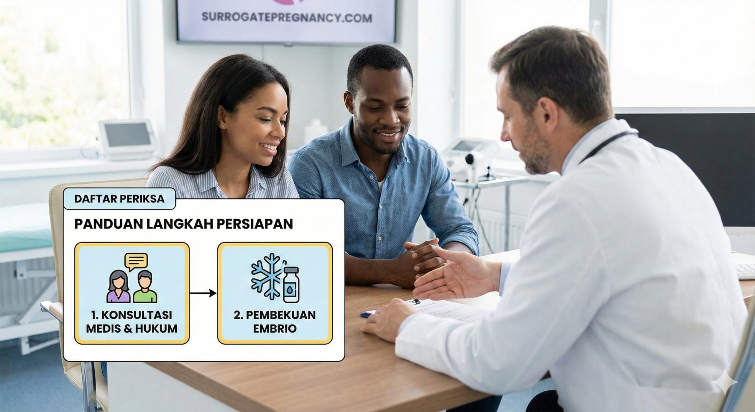 用于解释准备步骤的插图风格照片。画面展示了一对伴侣（可以是跨国夫妇形象）在明亮的诊室里与医生面对面咨询，桌上摆放着一份带有'Checklist'或流程图样式的医疗文件，重点突出'咨询'与'冷冻胚胎'的概念。构图清晰，人物表情专注且积极，视觉引导用户关注文章中的'步骤指南'部分。