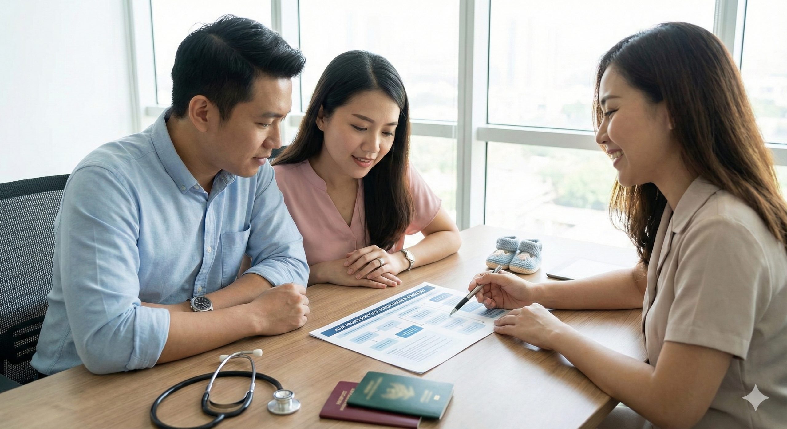 Pasangan Asia berkonsultasi dengan profesional di kantor modern, melihat dokumen alur proses dengan paspor di atas meja