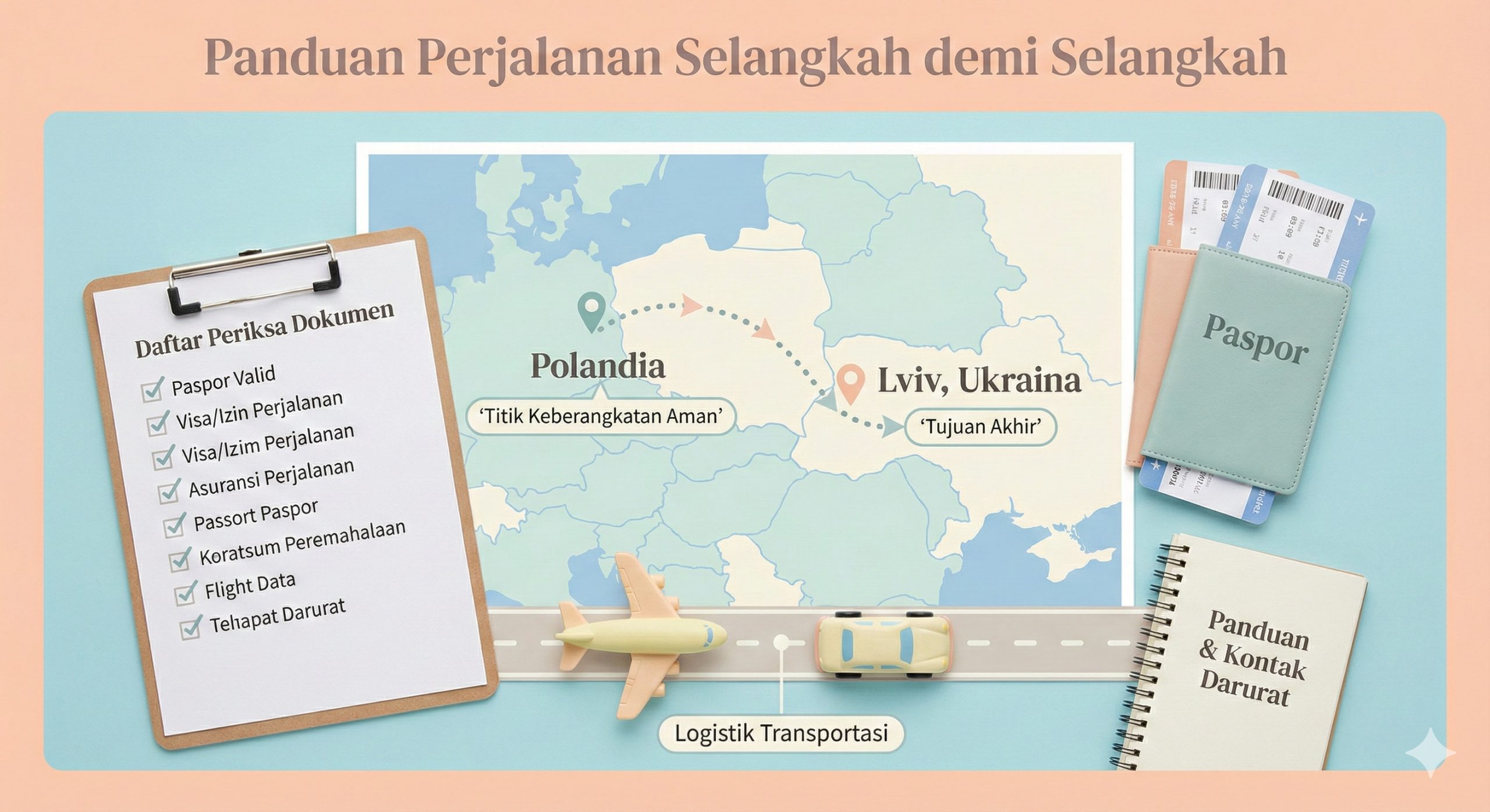 An instructional, flat-lay composition illustrating the logistical journey. Features a stylized map highlighting a safe travel route from Poland to Lviv, alongside travel documents like a passport and a checklist clipboard. Elements include a toy plane or car to represent transportation logistics. The style is clean, organized, and easy to understand, using soft pastel colors to reduce anxiety about the travel process and explain the 'Step-by-Step' guide visually.