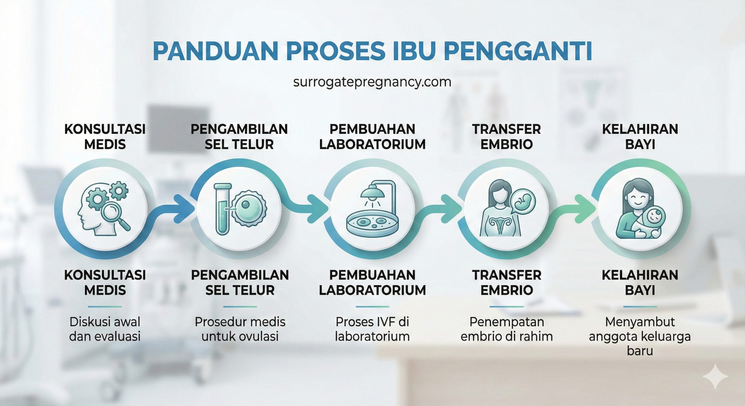 A clean, instructional visual composition illustrating the surrogacy process steps mentioned in the article. Features five sleek, modern 3D-style icons connected by a flowing timeline: 1. Medical Consultation, 2. Egg Retrieval, 3. Laboratory Fertilization, 4. Embryo Transfer, 5. Baby Birth. The background is a soft, out-of-focus bright medical consultation room. The color palette uses calming teals, whites, and soft grays. The design is minimalist, professional, and easy to understand, serving as a visual guide for potential parents.