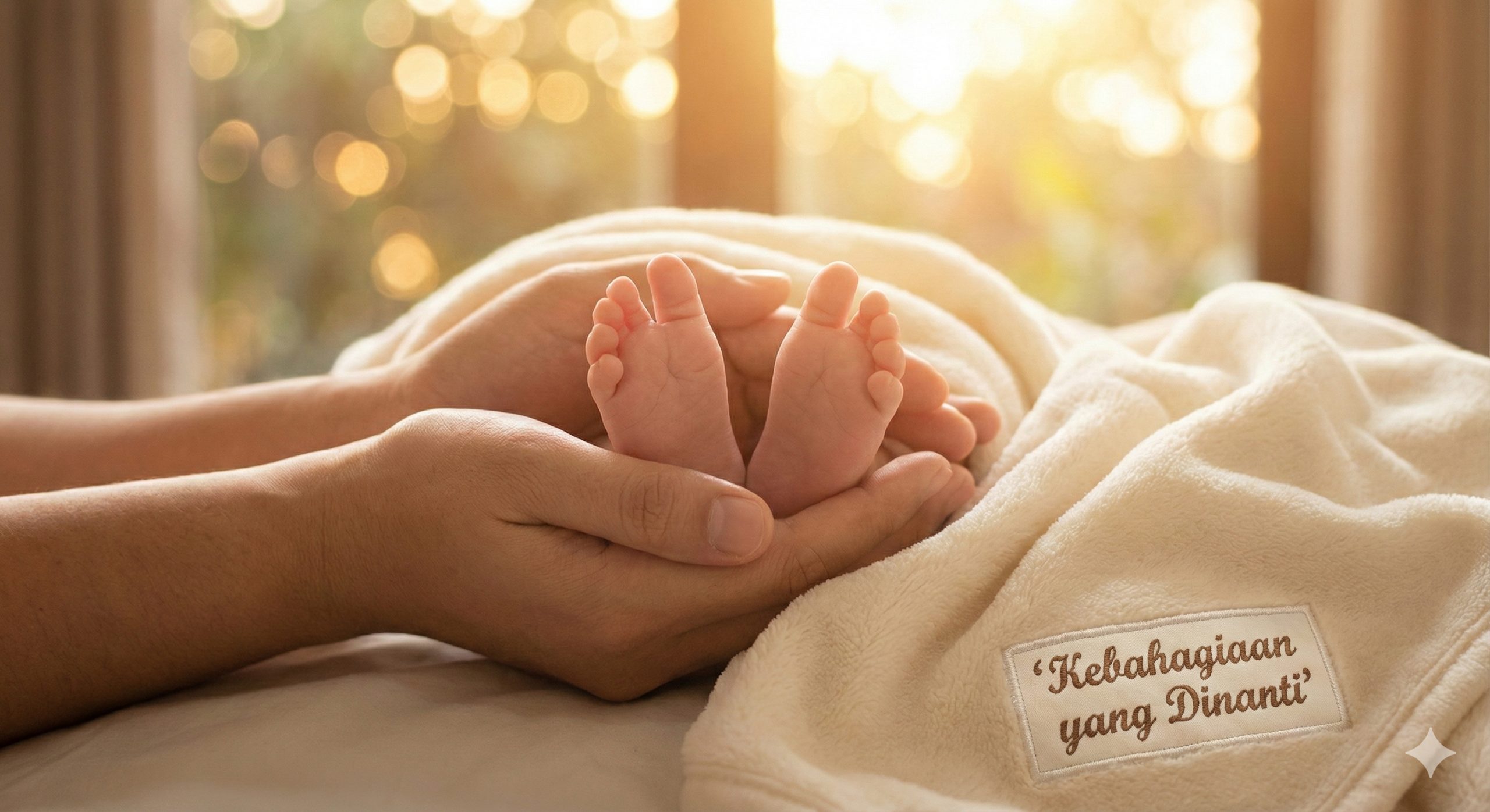 一张极具感染力的情感特写图片，展示新生儿可爱的小脚丫，或者父母温柔的大手托着婴儿的手部特写。背景使用温暖的夕阳金色光斑效果，象征着新生命的诞生、漫长旅程的终点以及家庭的圆满。这呼应文章结尾的情感升华，给予正在考虑代孕的家庭以希望和信心。图片风格唯美、治愈且充满爱意，作为文章的总结图，能够有效激发读者的咨询意愿。