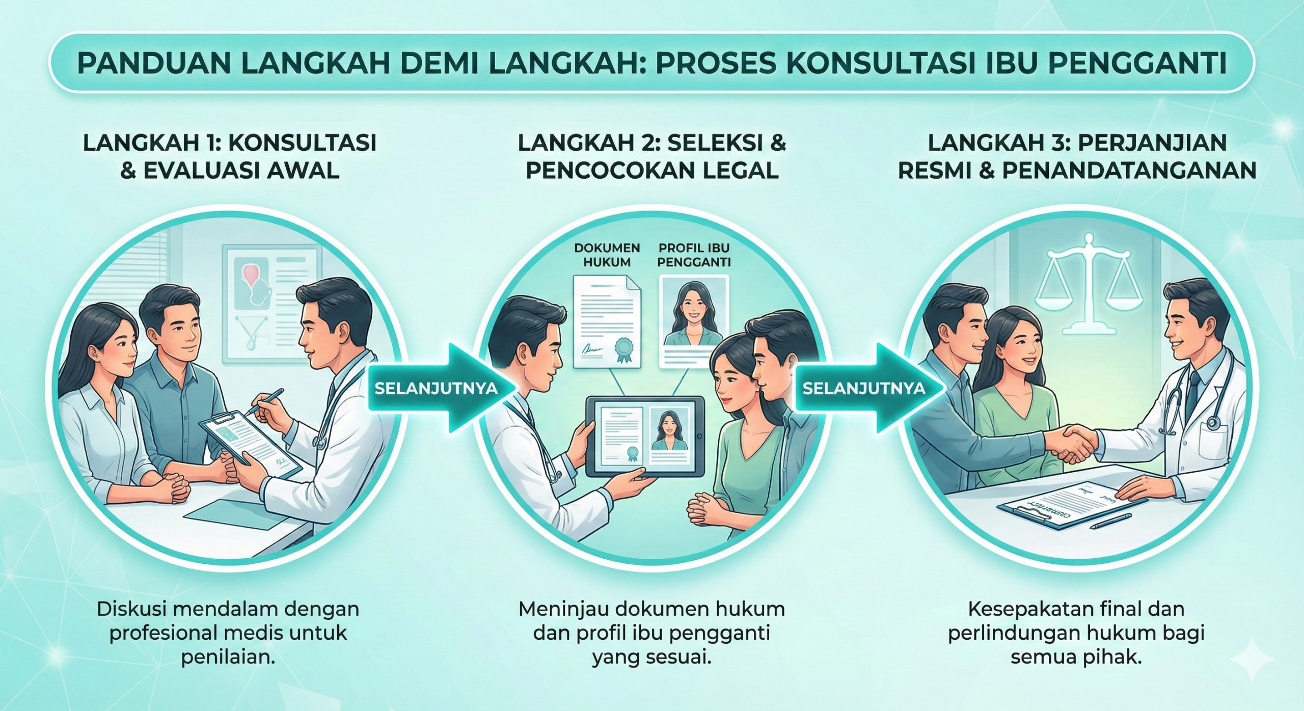 一张展示代孕咨询流程的步骤指引图。画面设计为三个循序渐进的场景气泡:第一个场景是一对亚洲夫妇正与穿着白大褂的医生进行深入咨询(象征评估);第二个场景是医生展示平板电脑上的法律文件与爱心妈妈资料(象征筛选与匹配);第三个场景是夫妇握手微笑,背景有法律天平图标(象征合法签约)。构图采用横向流程图形式,色彩明亮清新,以青绿色和白色为主,强调流程的透明化与专业性,引导用户了解如何迈出第一步。