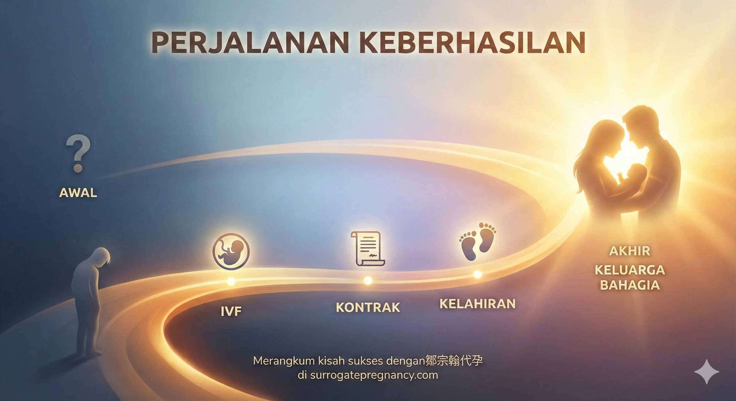 此图作为总结,描绘代孕旅程的成功终点。画面主体应是一条抽象的、从起点到终点的弧线或路径(象征旅程),起点是一个问号或一个沮丧的人影,终点是一个充满阳光的家庭轮廓(父母和婴儿),象征梦想的实现。整体风格应充满希望和积极情绪。路径上应有几个关键的里程碑(如IVF、Contract、Birth),以图形简要标记。色彩应由暗淡的起点逐渐过渡到明亮、饱和的暖色调终点,寓意成功的转变。