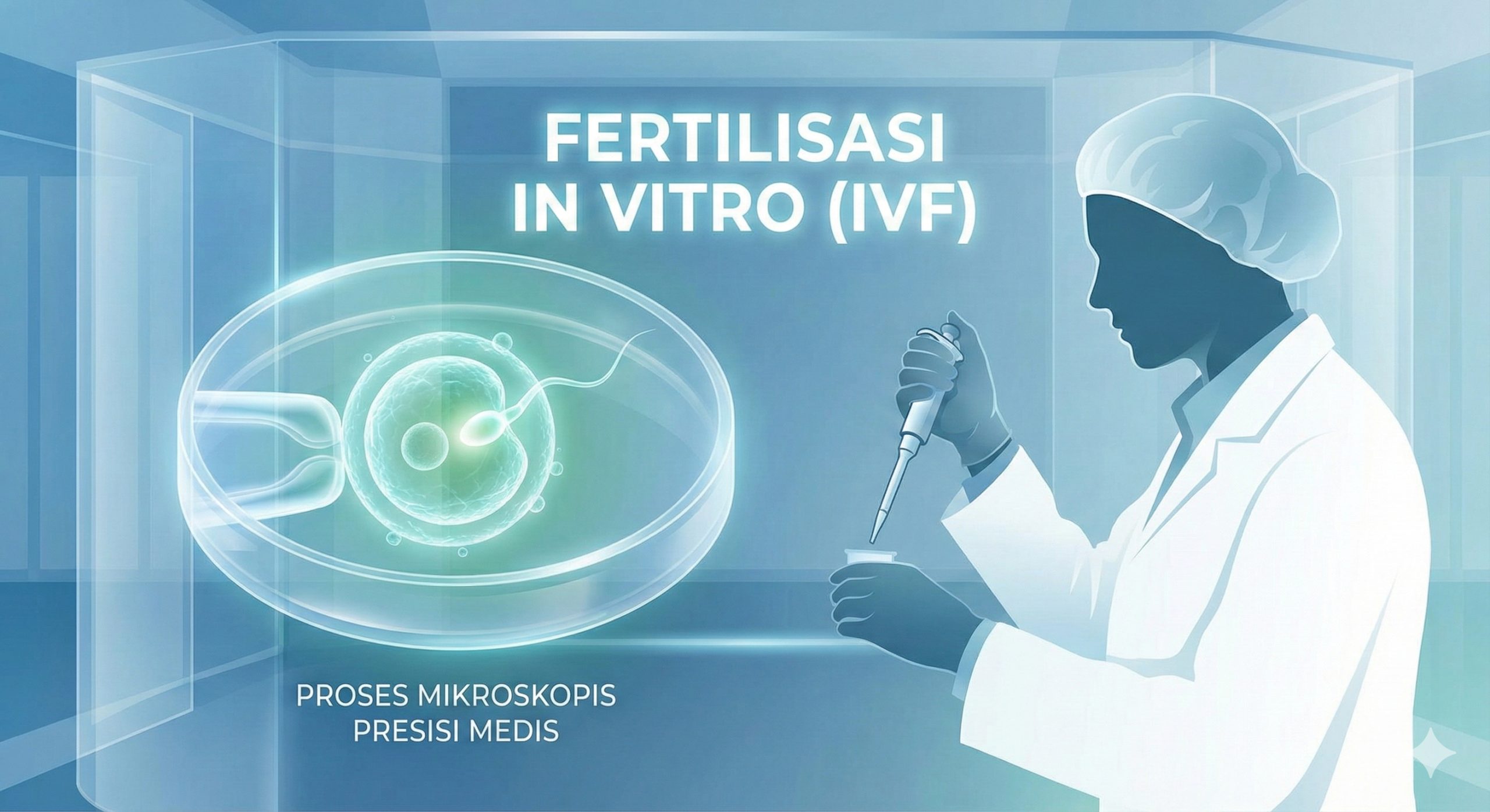 此图用于说明代孕的“功能”或核心医学步骤(IVF)。画面应以一个抽象且现代化的实验室环境为背景。主要元素应包括一个微观的受精过程(精子和卵子结合或胚胎在培养皿中)的插画或示意图,以及旁边一个专业人士(穿着白大褂,手持滴管)的侧影,表现出科学和精确性。色彩应使用冷静的蓝、白、绿等医疗科技色调。图片应清晰地展示“In Vitro Fertilization (IVF)”的字样,突出这是实现代孕的关键技术。