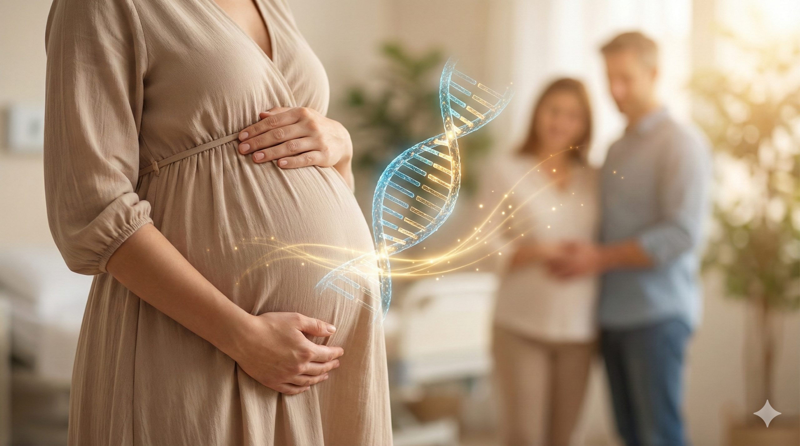A conceptual and professional image illustrating the topic of surrogacy and genetics. The foreground shows a pregnant woman (surrogate) in a soft, neutral-colored dress holding her baby bump. A glowing, semi-transparent DNA double helix structure is visualized floating near the belly but clearly connecting via light trails to a couple (intended parents) standing in the soft-focus background, symbolizing the genetic origin belongs to the parents. The lighting is warm and reassuring, suitable for a medical information site.