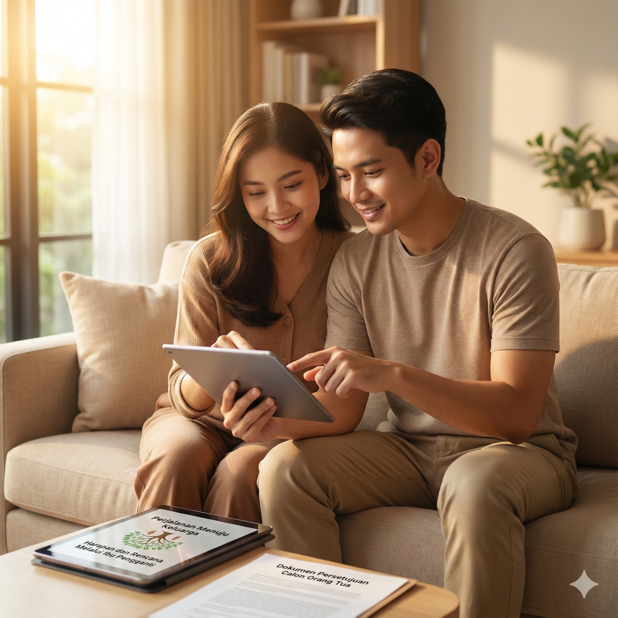 一张充满温情与希望的高质量封面图，展示一对年轻的亚洲（印尼风格）夫妻坐在温馨的现代客厅沙发上。柔和的晨光透过窗户洒在他们身上，两人紧靠在一起，神情专注且充满期待地查看着手中的平板电脑或文件，仿佛在规划未来的家庭蓝图。色彩基调为温暖的金黄色和米色，营造出信任、家庭和希望的氛围，背景虚化以突出人物的情感连接。
