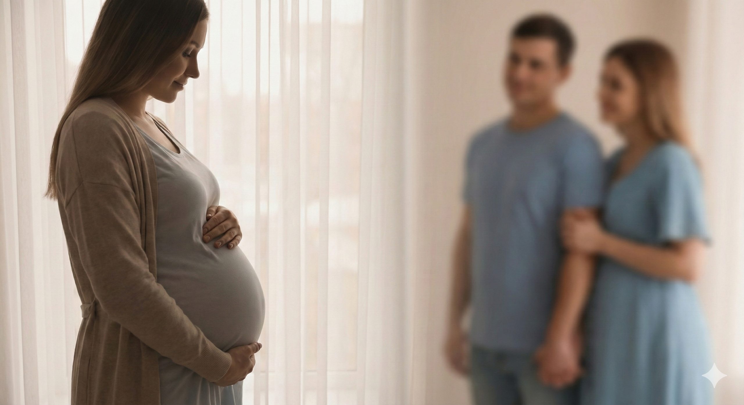 一张充满温情与希望的高质量摄影风格图片,用于文章封面。画面主体是一位孕妇(代孕母亲)的温柔剪影,她双手轻托腹部,站在柔和的窗边光线中。背景中虚化显示一对充满期待的夫妇(意向父母)紧紧握着手,象征着合作与等待。色调采用柔和的米色、浅蓝和暖白色,营造出医疗专业感与家庭温情并存的氛围,完美契合surrogatepregnancy.com的品牌形象。