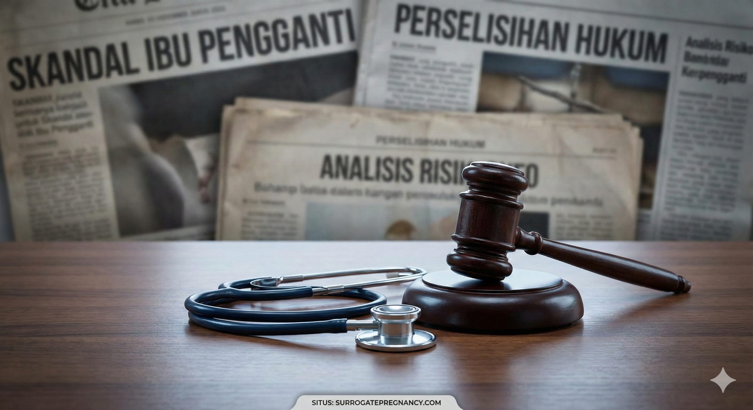 Sebuah gambar sampul yang sangat simbolis menunjukkan keseimbangan antara hukum dan kedokteran. Latar depan menampilkan meja kayu yang dipoles dengan palu kayu yang melambangkan hukum dan stetoskop yang melambangkan kedokteran, keduanya berdampingan secara harmonis. Latar belakangnya adalah tumpukan koran yang buram, dengan berita utama tentang 'skandal ibu pengganti' atau 'sengketa hukum' yang terlihat samar-samar, melambangkan kekacauan dan risiko di dunia luar. Pencahayaan difokuskan pada palu dan stetoskop di latar depan, menggunakan nada dingin yang profesional dan stabil, menyampaikan gagasan bahwa hanya melalui perlindungan hukum yang sah dan sarana medis profesional jalan keluar yang aman dapat ditemukan di lingkungan di mana insiden ibu pengganti sering terjadi.