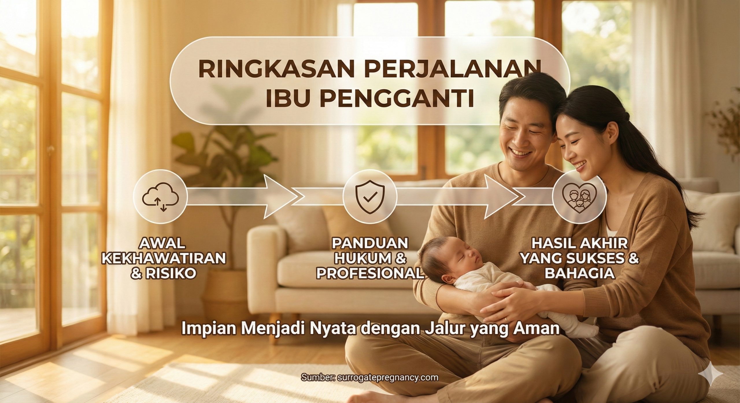 Gambar ringkasan yang bergema secara emosional menunjukkan hasil akhir yang sukses. Gambar tersebut menunjukkan pasangan Asia yang bahagia (mewakili target audiens Indonesia) di dalam ruangan yang cerah, dengan lembut menggendong bayi yang baru lahir. Ekspresi orang tua dipenuhi dengan kegembiraan dan kedamaian yang melegakan, sangat kontras dengan 'ketakutan' yang disebutkan di awal artikel. Nada warnanya hangat, keemasan, dan penuh harapan, menyiratkan bahwa selama saluran hukum yang benar dan bimbingan profesional diikuti, impian ibu pengganti dapat direalisasikan dengan aman, jauh dari sengketa hukum dan skandal.