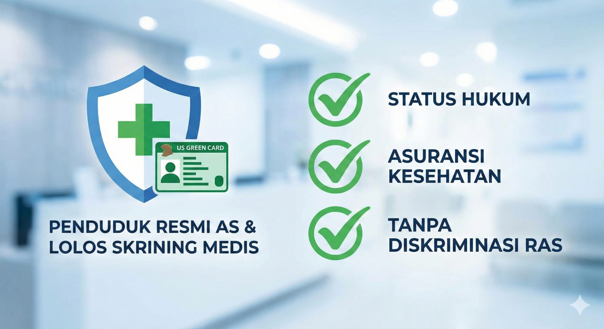 突出代孕母筛选优势的图片。画面左侧展示一个象征安全的盾牌,盾牌内部有医疗十字和绿卡(Green Card)的抽象图标,象征代孕母均为美国合法居民且通过医疗筛查。右侧列出三个勾选标记,分别对应'合法身份'、'医疗保险'、'无种族歧视'。整体风格干净、医疗专业感强,背景为模糊的现代化诊所环境。