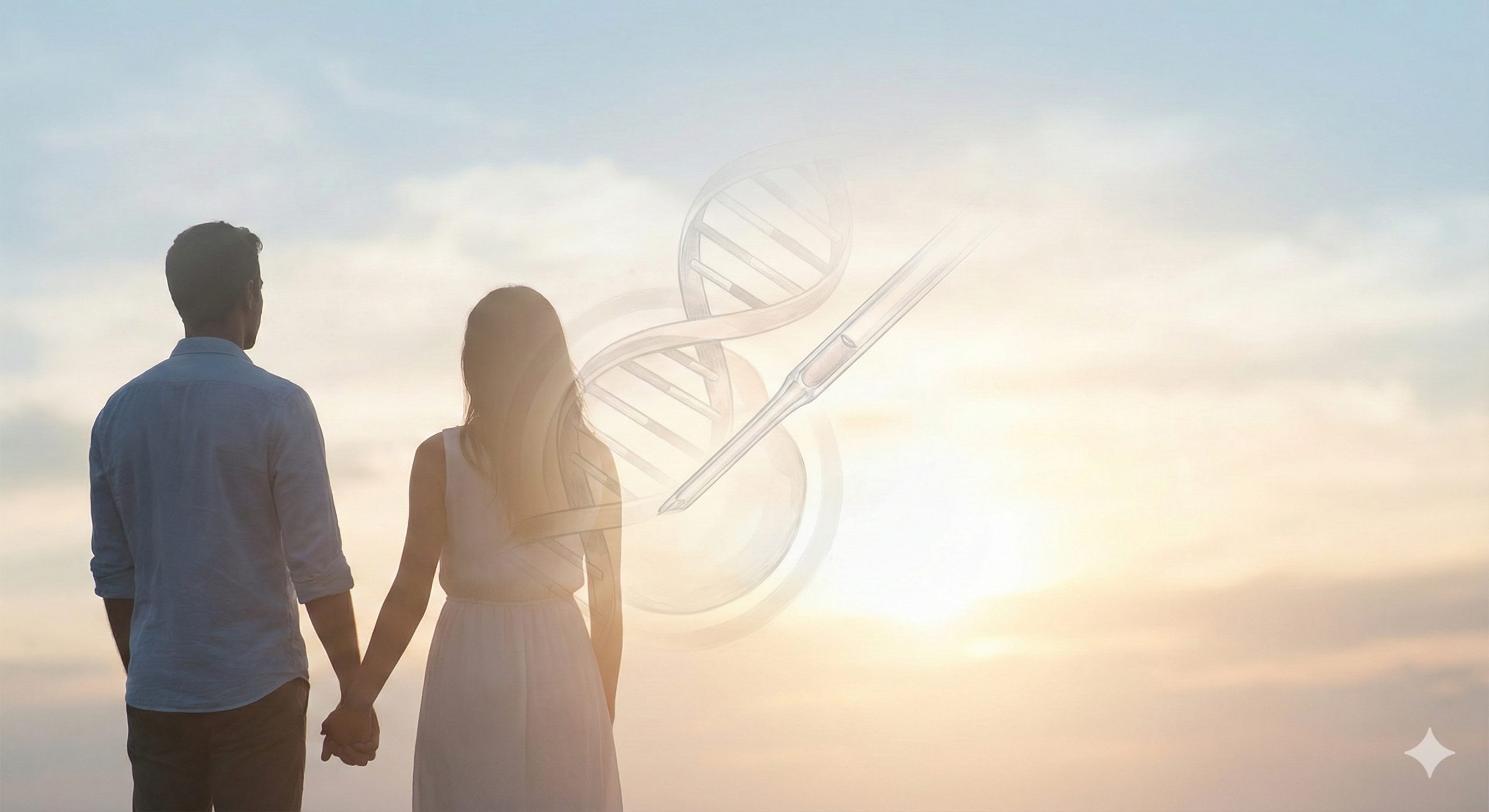 A warm and professional cover image symbolizing hope and family planning. The visual features a soft-focus silhouette of a couple holding hands looking towards a bright, gentle light, superimposed with a subtle medical DNA helix or IVF pipette illustration to represent assisted reproductive technology. The color palette uses calming baby blues, soft whites, and warm skin tones to evoke trust and empathy. The composition is clean with ample negative space for text overlays, suitable for a medical guide header about surrogacy.