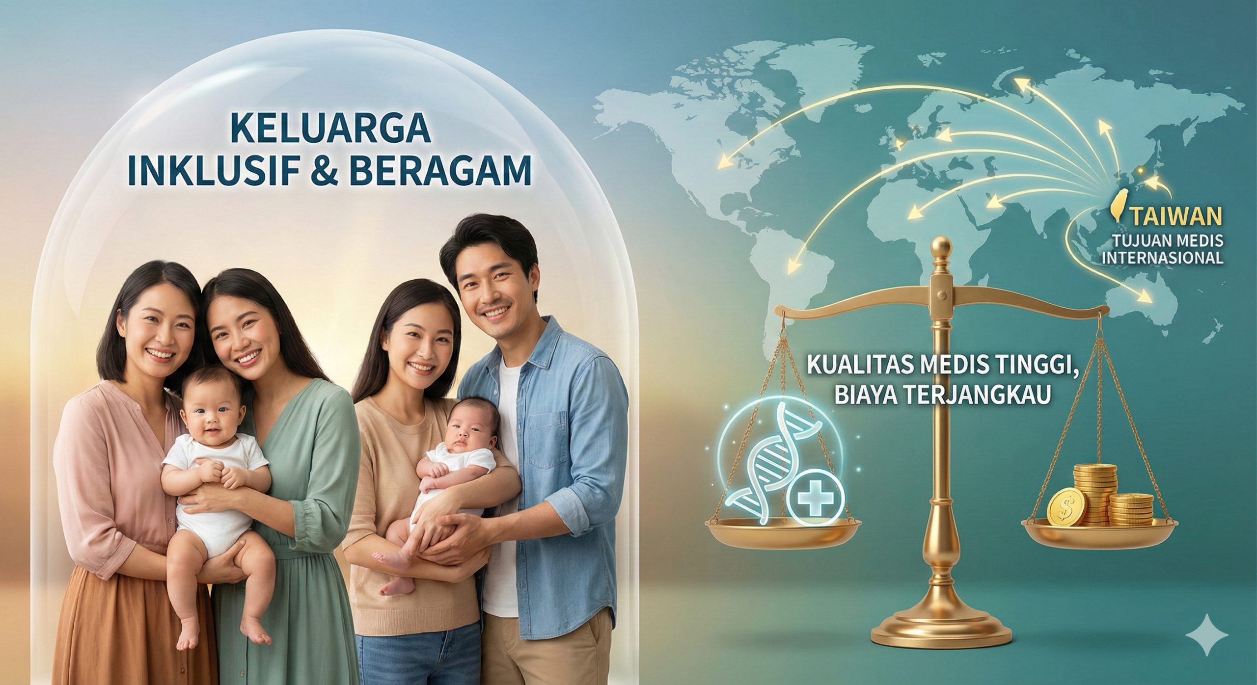 通过对比视觉图展示台湾代孕的优势。画面左侧展示多元化的家庭组合（包括同性伴侣和异性伴侣），右侧是一个形象化的天平，一端是高品质的医疗图标（如DNA螺旋），另一端是较少的金币堆，直观传达'高性价比'。背景融入世界地图与台湾位置的连接线，强调其作为国际医疗旅游目的地的包容性。