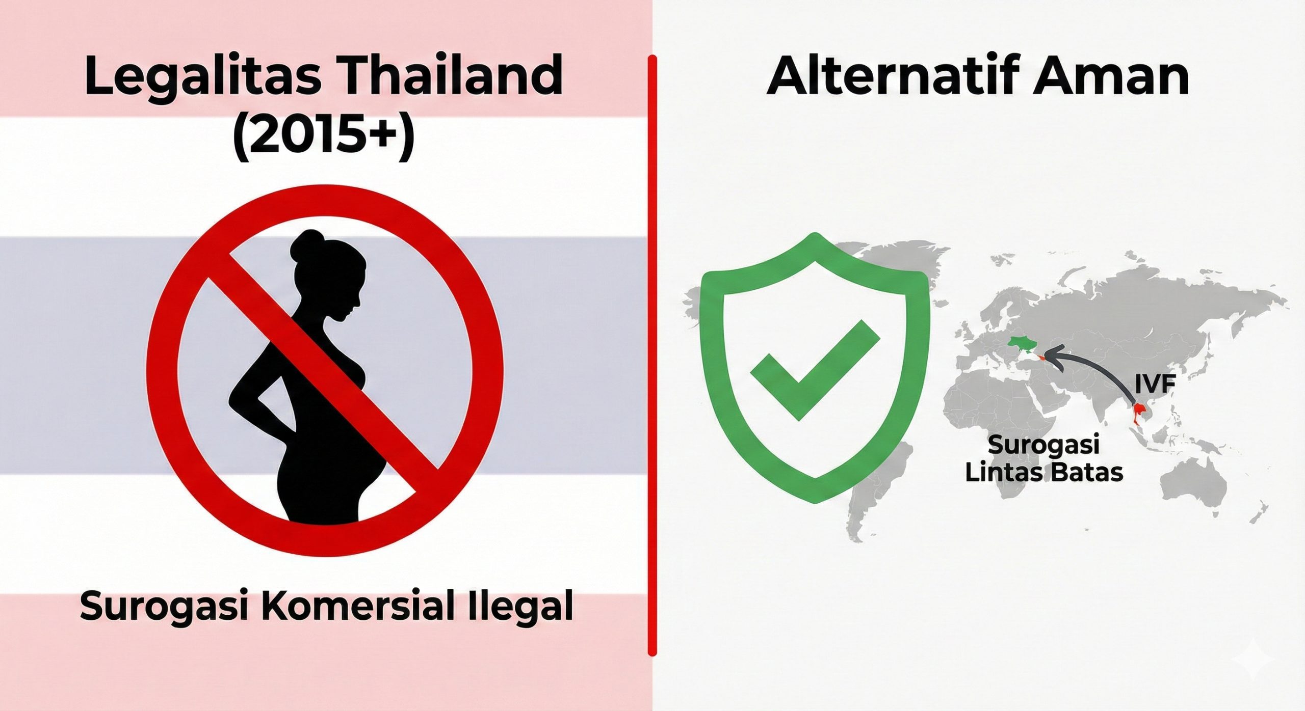 一张视觉对比图，重点突出法律风险。图片被一条明显的垂直红线分为左右两半。左侧标题“Legalitas Thailand (2015+)”下方是一个红色的禁止符号（🚫），里面有孕妇的轮廓，表示“Surogasi Komersial Ilegal”，背景是泰国的国旗元素。右侧标题“Alternatif Aman”下方是一个绿色的盾牌或对勾符号（✅），旁边是一张象征“Cross-Border Surrogacy”的微型世界地图，上面用曲线箭头连接了泰国（IVF）和另一个法律安全国家（如格鲁吉亚/乌克兰）。整体风格应严肃、信息量大，强调风险警示。