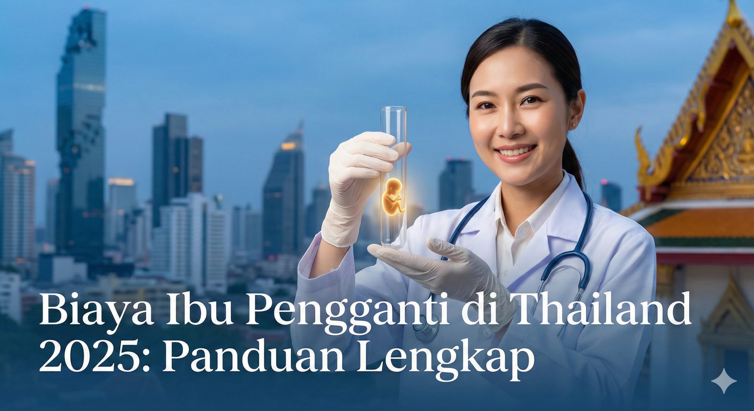 一张富有希望和医疗信任感的封面图。主视觉是一个穿着白大褂、面带微笑的亚洲（泰国/东南亚）医生，背景虚化能看到曼谷标志性的天际线（如高楼或金佛寺屋顶的一角），象征着泰国先进的医疗技术。前景中医生双手捧着一个透明的玻璃试管或一个微小的胚胎模型，表达“IVF”和“生育希望”的主题。色彩应以冷静、专业的蓝色和白色为主，并点缀温暖的金色光芒，传达专业、安全和希望的感觉。标题文字可叠加在图片底部：'Biaya Ibu Pengganti di Thailand 2025: Panduan Lengkap'。
